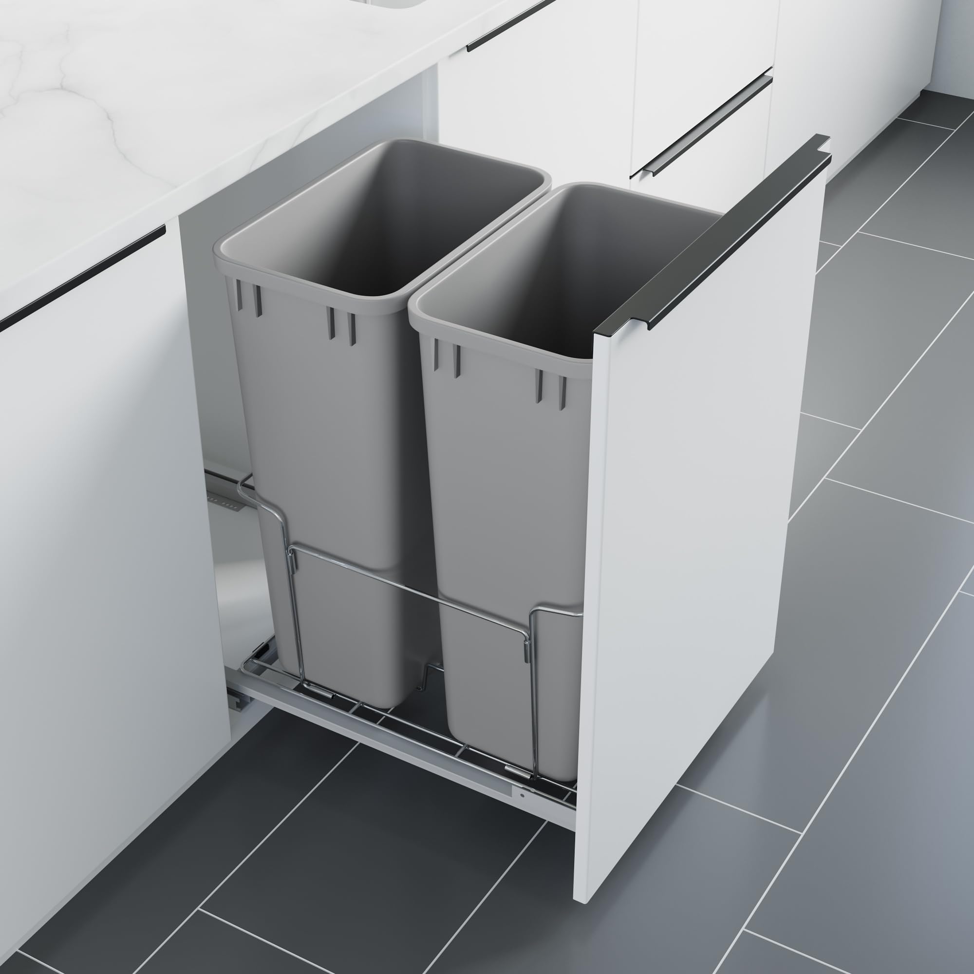 Dowell B18 Aluminum Base Wastebasket Pullout with Door Mount and Two 50Qt (2 Count)