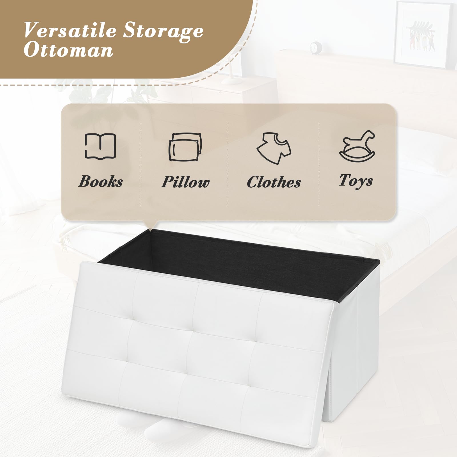 30" Storage Ottoman Bench Folding Bench with 90L Hidden Storage