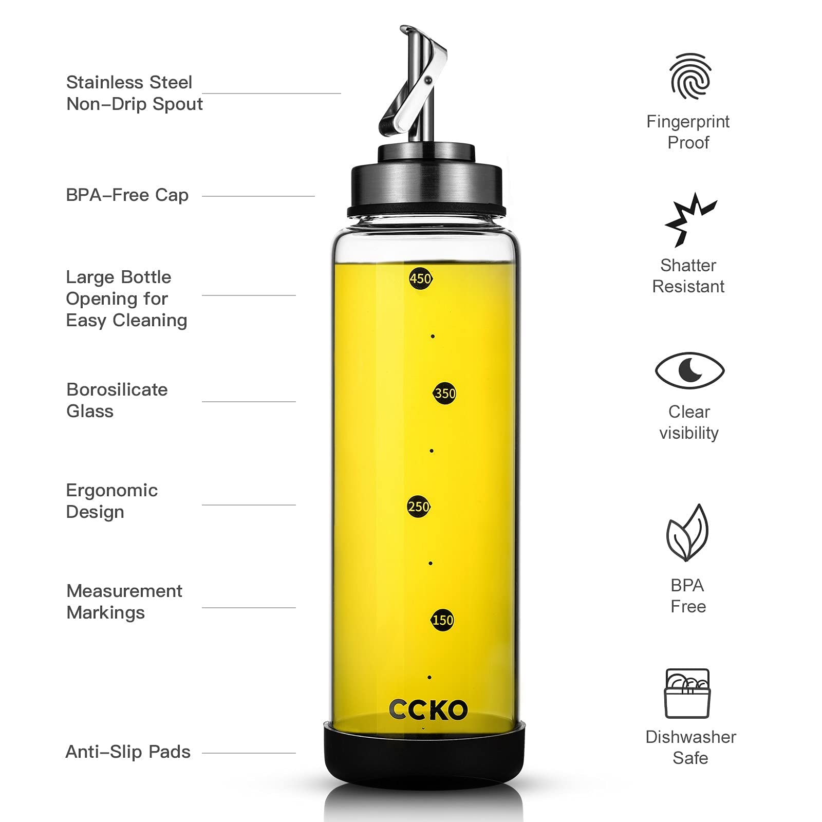 Glass Olive Oil Dispenser Bottle with Stainless Steel Spouts Shatterproof Glass Olive Oil Bottle 350ml Cooking Oil and Vinegar Cruet Bottle Container Carafe for Kitchen
