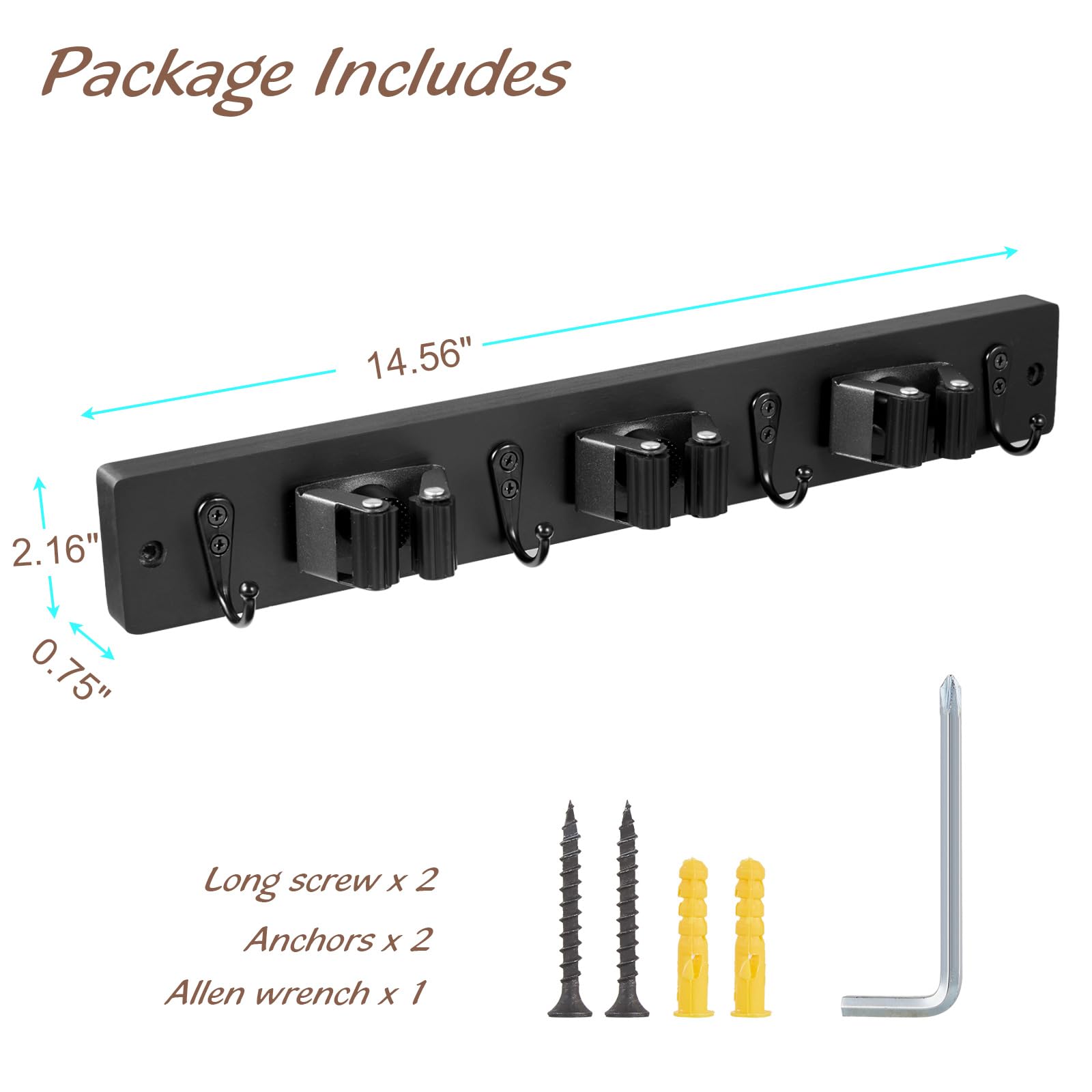Black Mop Broom Holder Wall Mount with 3 Slots & 4 Hooks