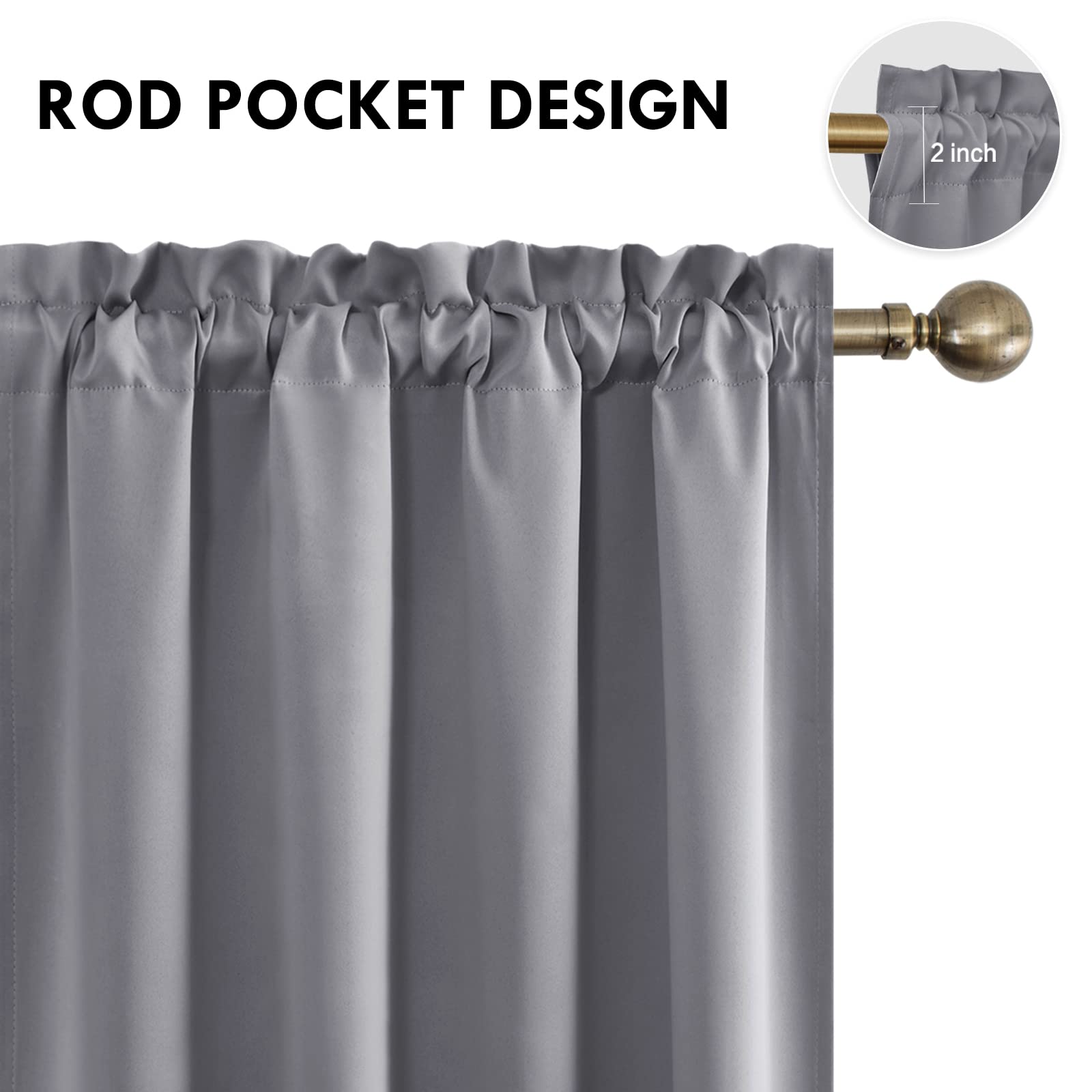 Blackout Curtains for Bedroom Living Room 52 x 63 Inch Long Grey (2 Count)