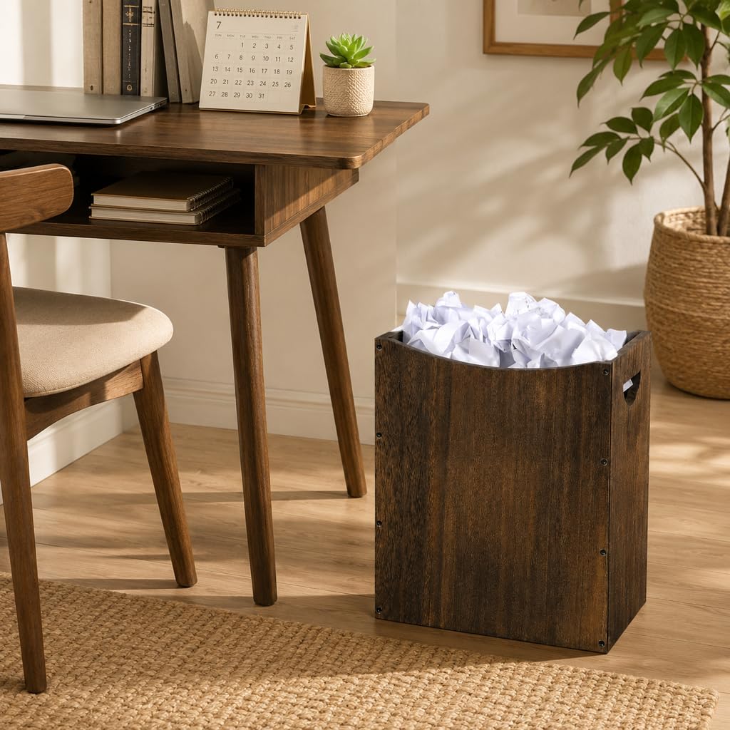 Wood Trash Can 5.3 Gallon Office Wastebasket Farmhouse Rectangular Garbage Can with Built