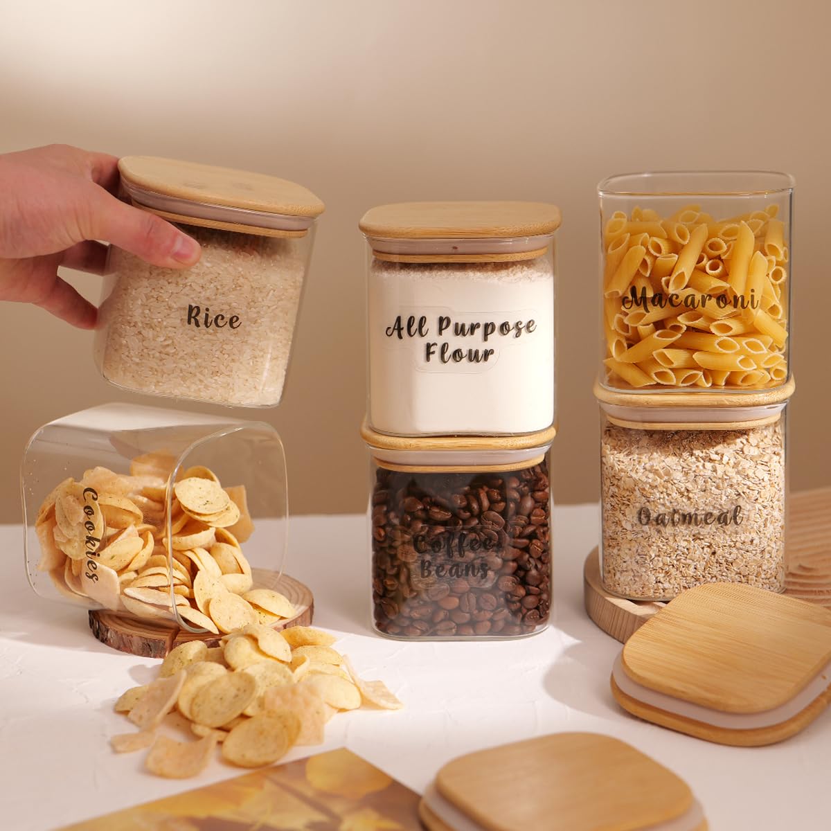 6 Pcs Square Glass Pantry Storage Containers with Bamboo Airtight Lid and 248 Clear Pantry Labels Preprinted
