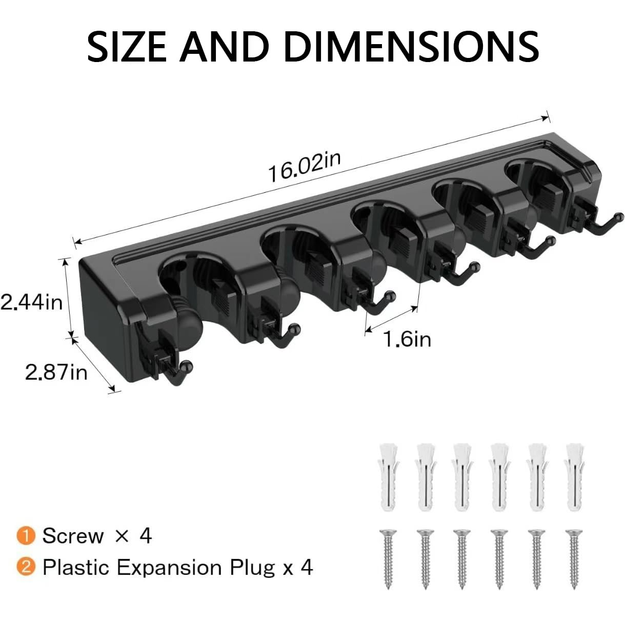 Broom Holder Wall Mount with Hooks & Slots