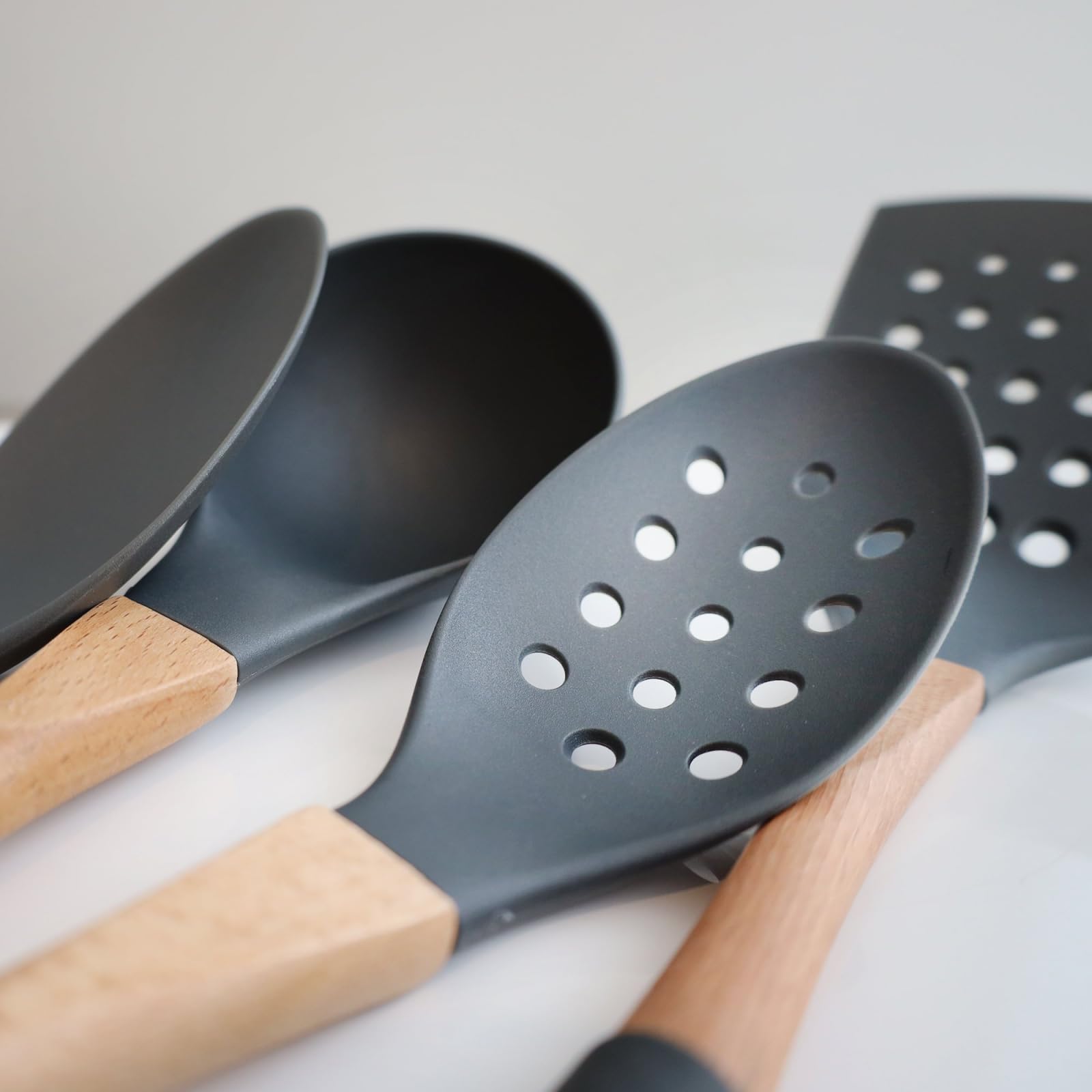 5pc Dark Grey Nylon Wooden Kitchen Utensils with Cooking Spoons