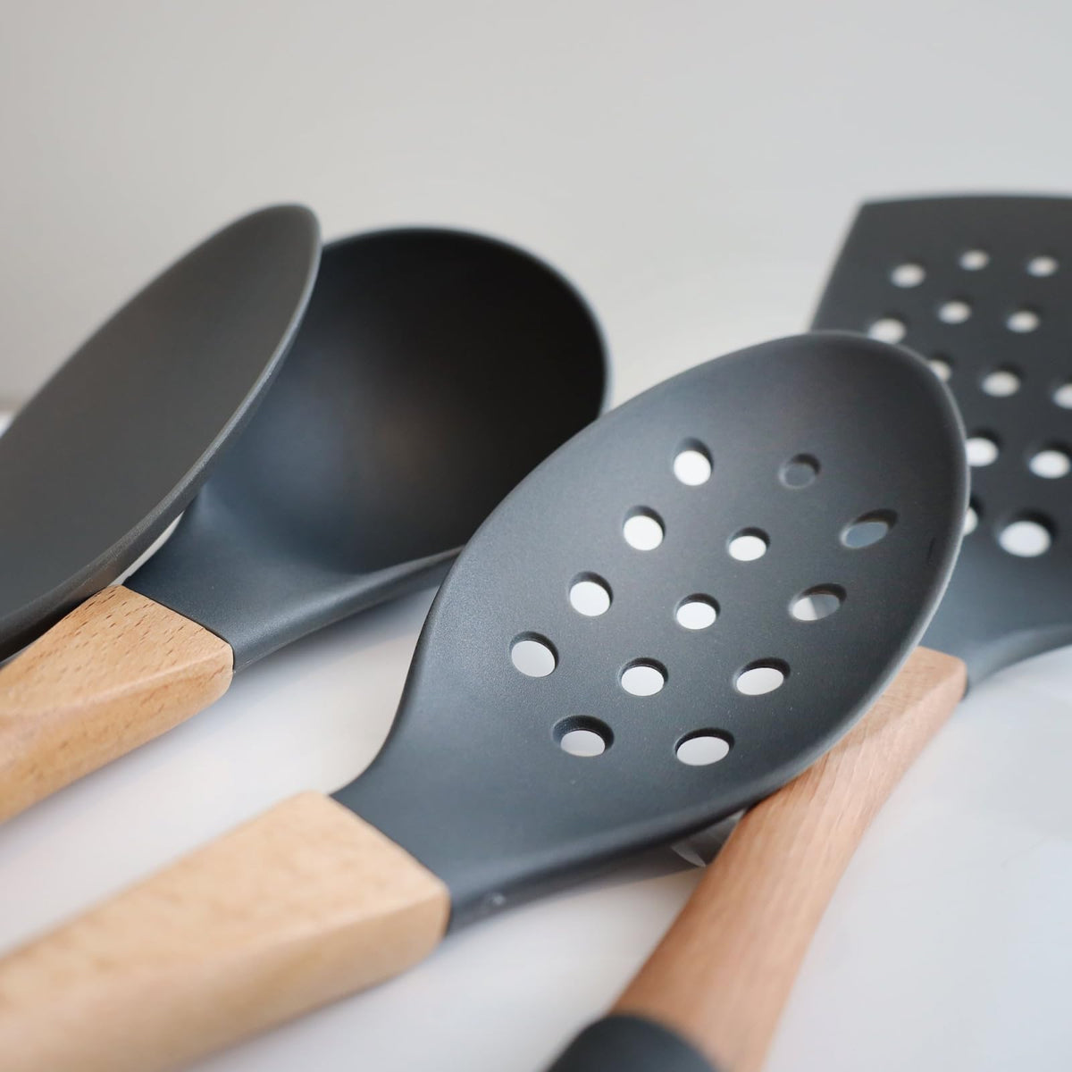 Grey Nylon Slotted Spoon with Wooden Handle Kitchen Utensils High Heat Resistance