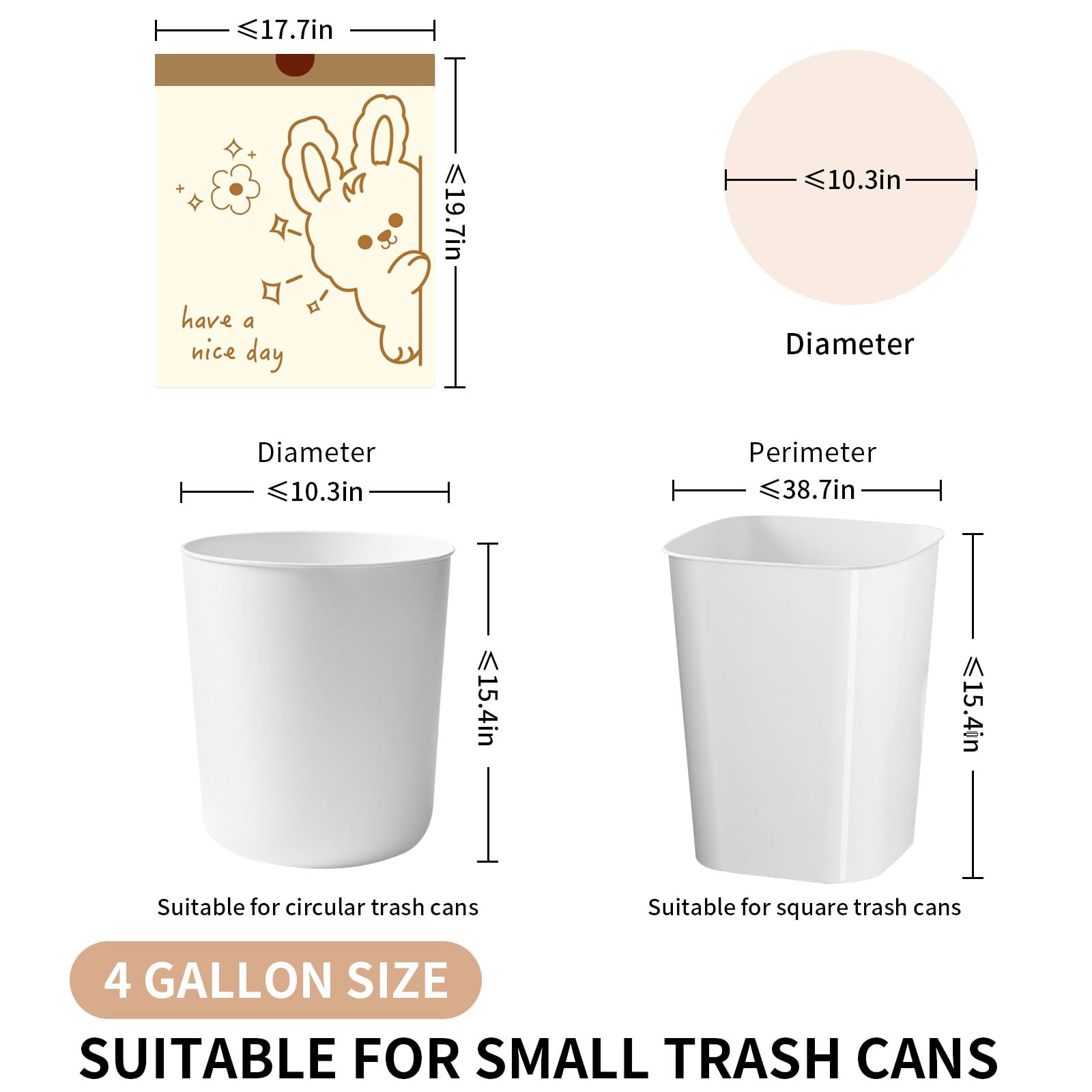 4 Gallon Trash Bags with Cute Rabbit Printed & Drawstring (60 Count)