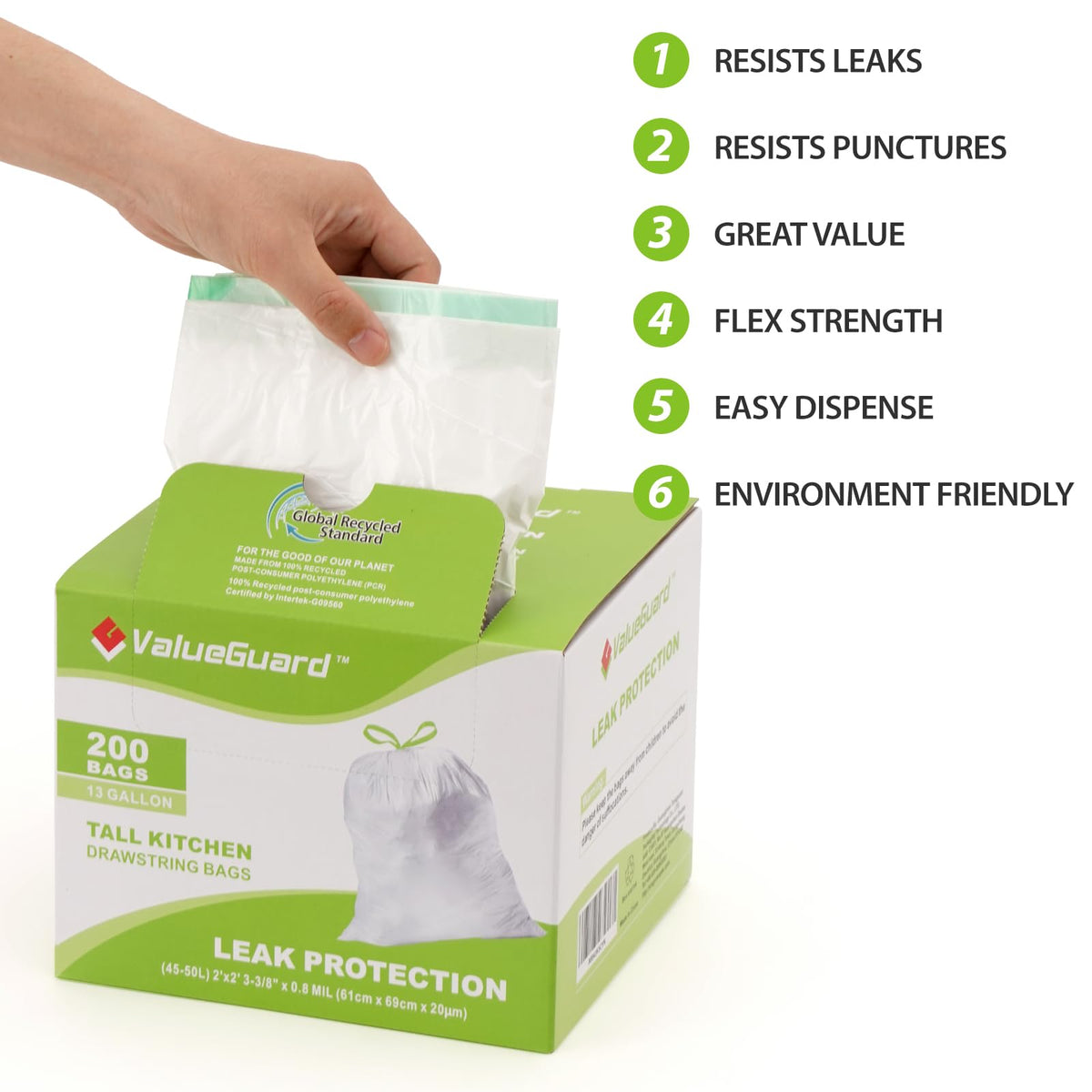 Large Trash Bag 13 Gallon Tall Drawstring 100% Post (200 Count)