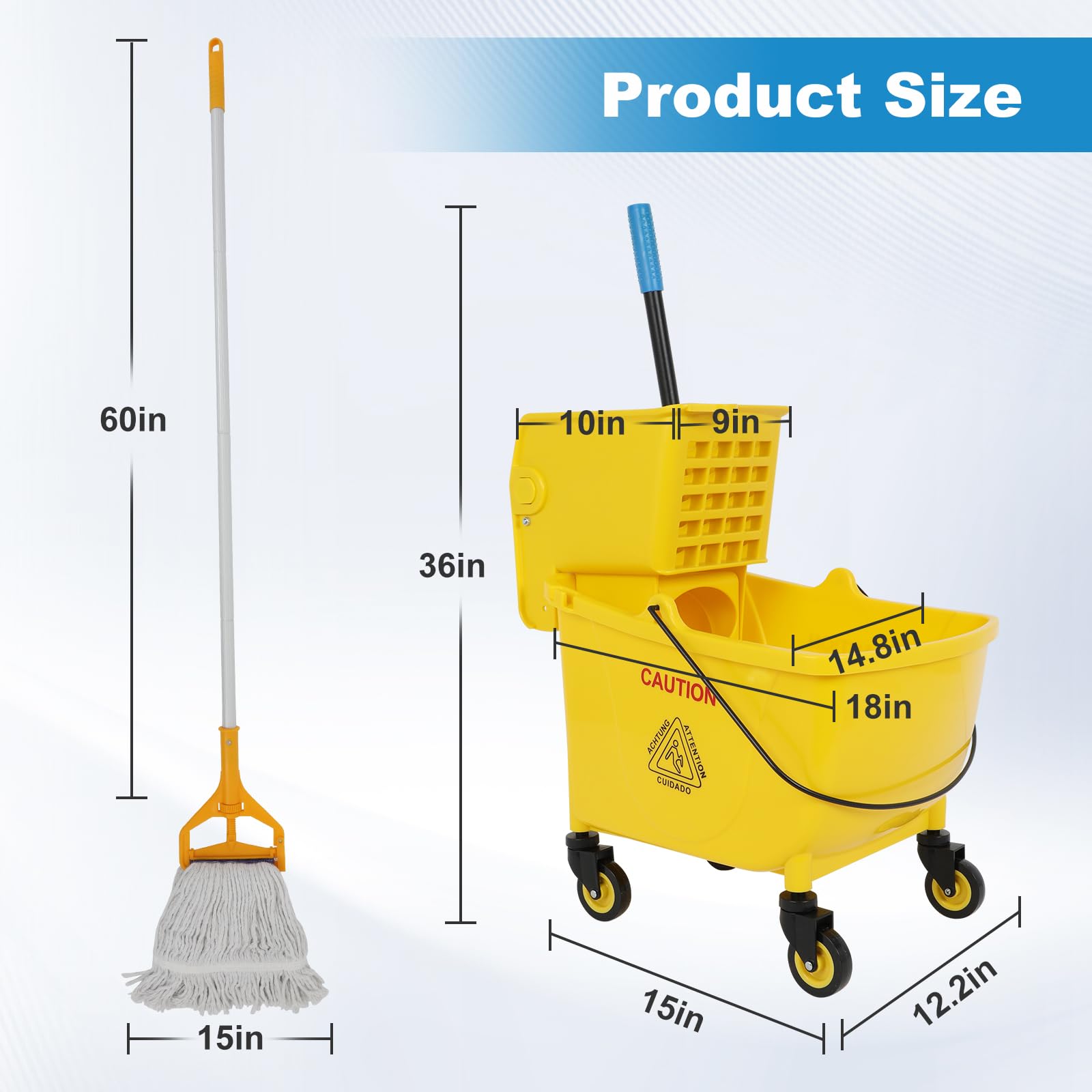 35 Qt Commercial Mop Bucket with Side Press Wringer on Wheels and Mops Set for Floor Cleaning