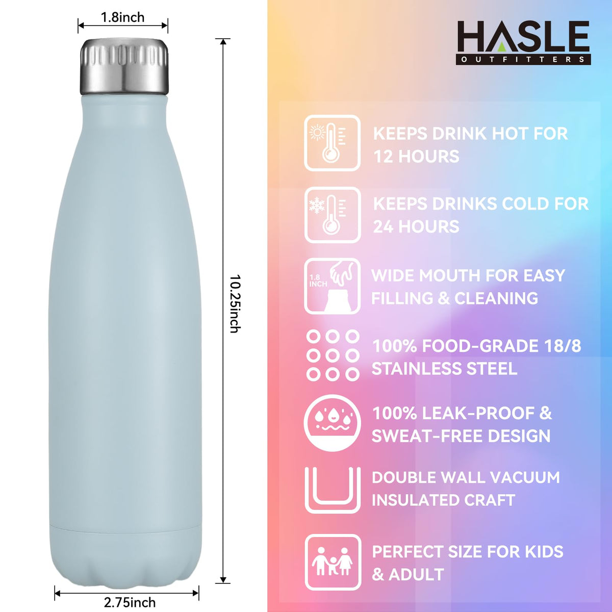 17oz Stainless Steel Water Bottles Bulk (8 Count)