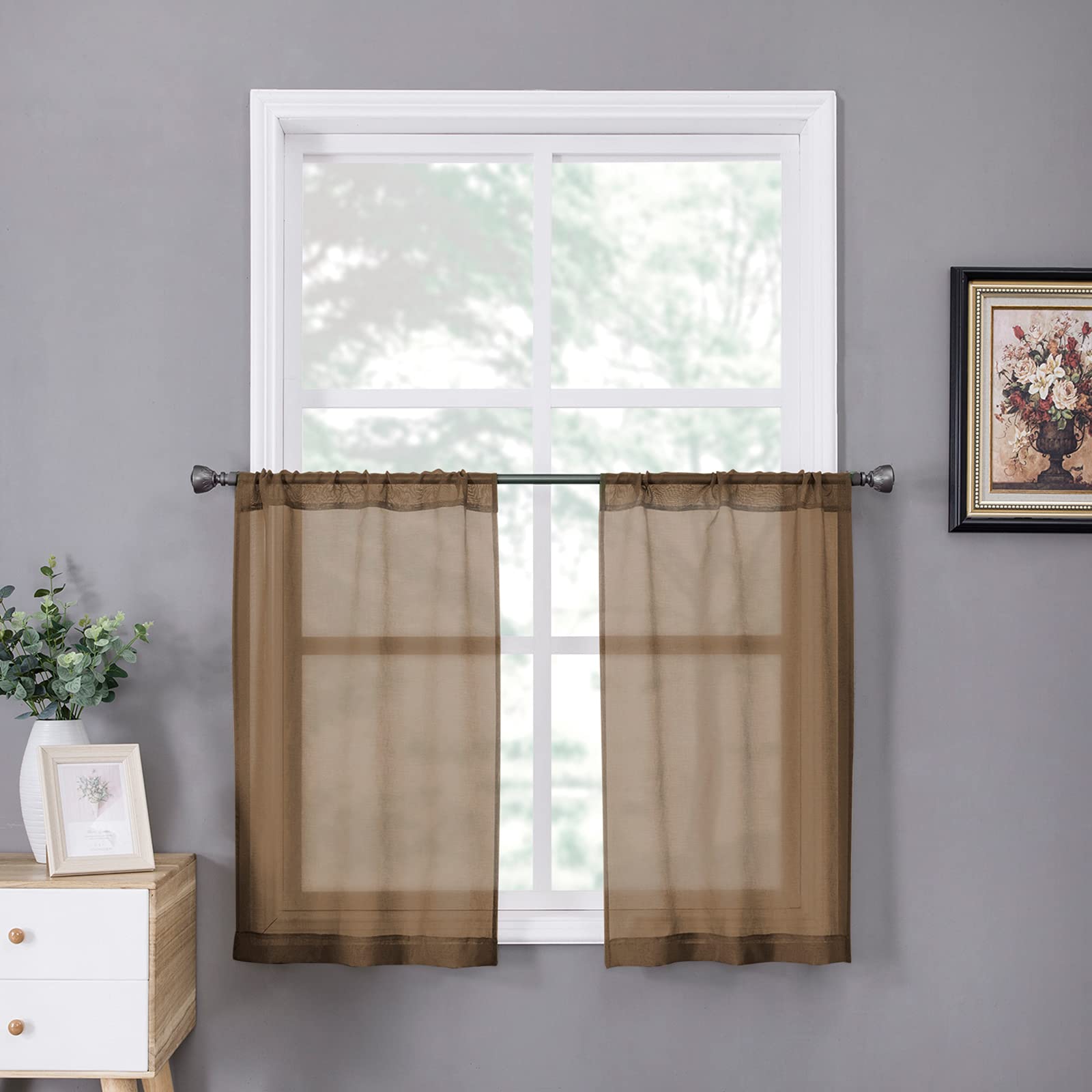 Short Sheer Tier Curtains Linen Textured Half Kitchen Curtain Sheers Light Filtering Rod Pocket Voile Small Curtain for Bathroom