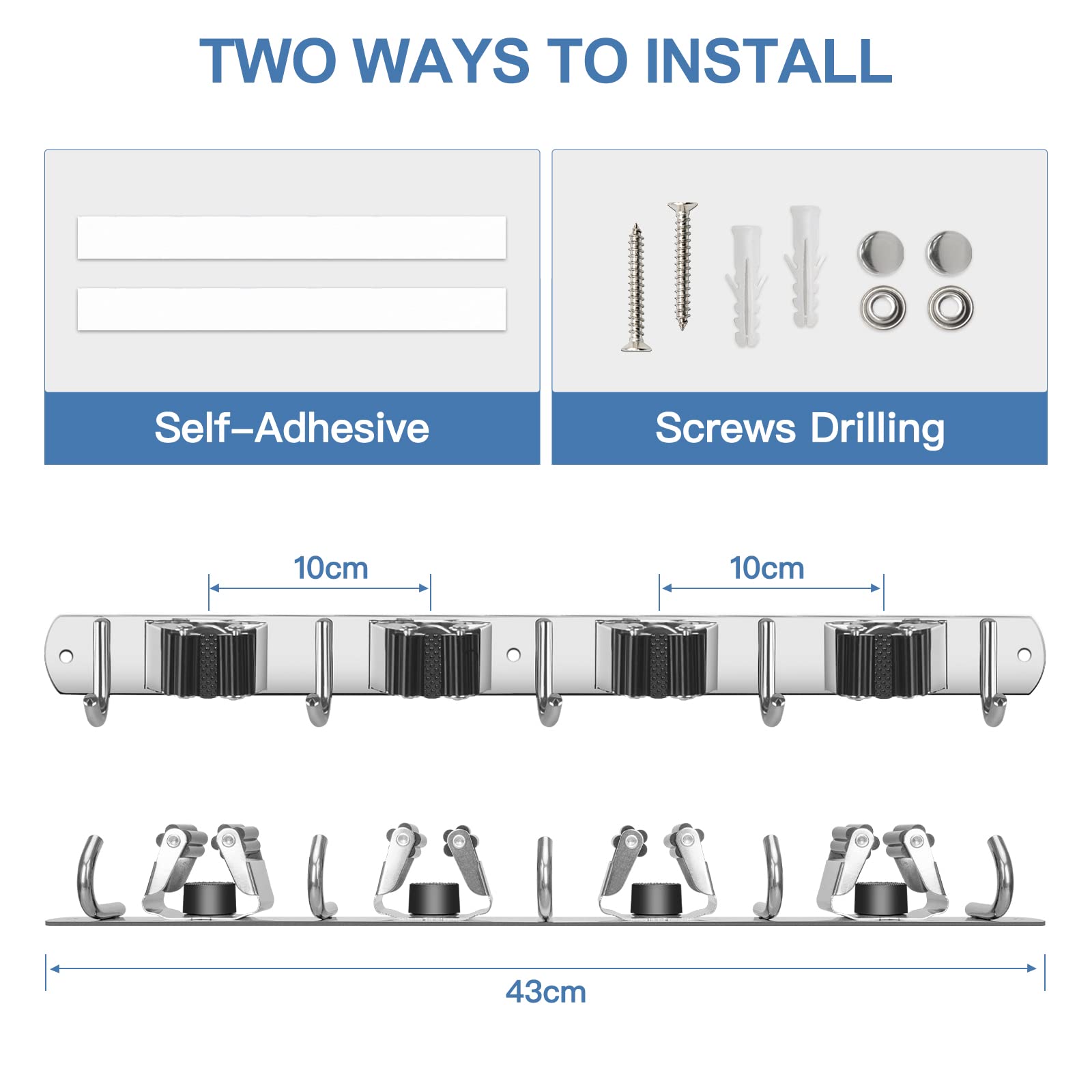 Broom Holder Wall Mount Stainless Steel Mop Organizer