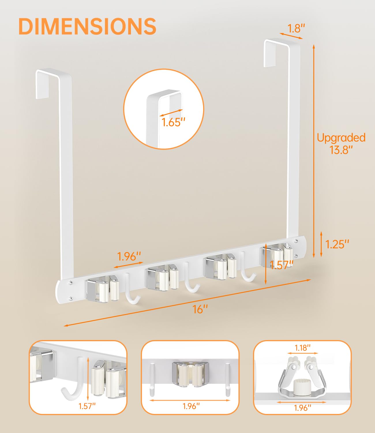 Broom Holder Over The Door with Hooks