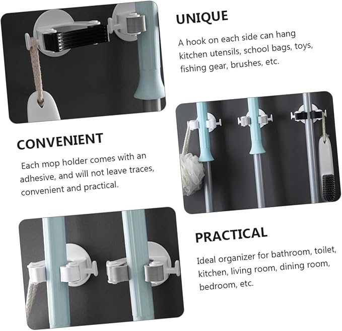 3Pcs Wall Mounted Broom Mop Holder No Drill Sundries Organizer with Adhesive Hooks Heavy Duty TPR Design for Bathroom Kitchen Garage and Living Storage