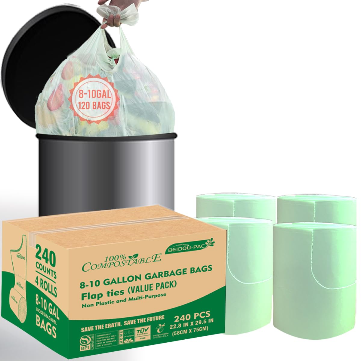 8 10 Gallon Flap Tie Compostable Trash Bags (240 Count)