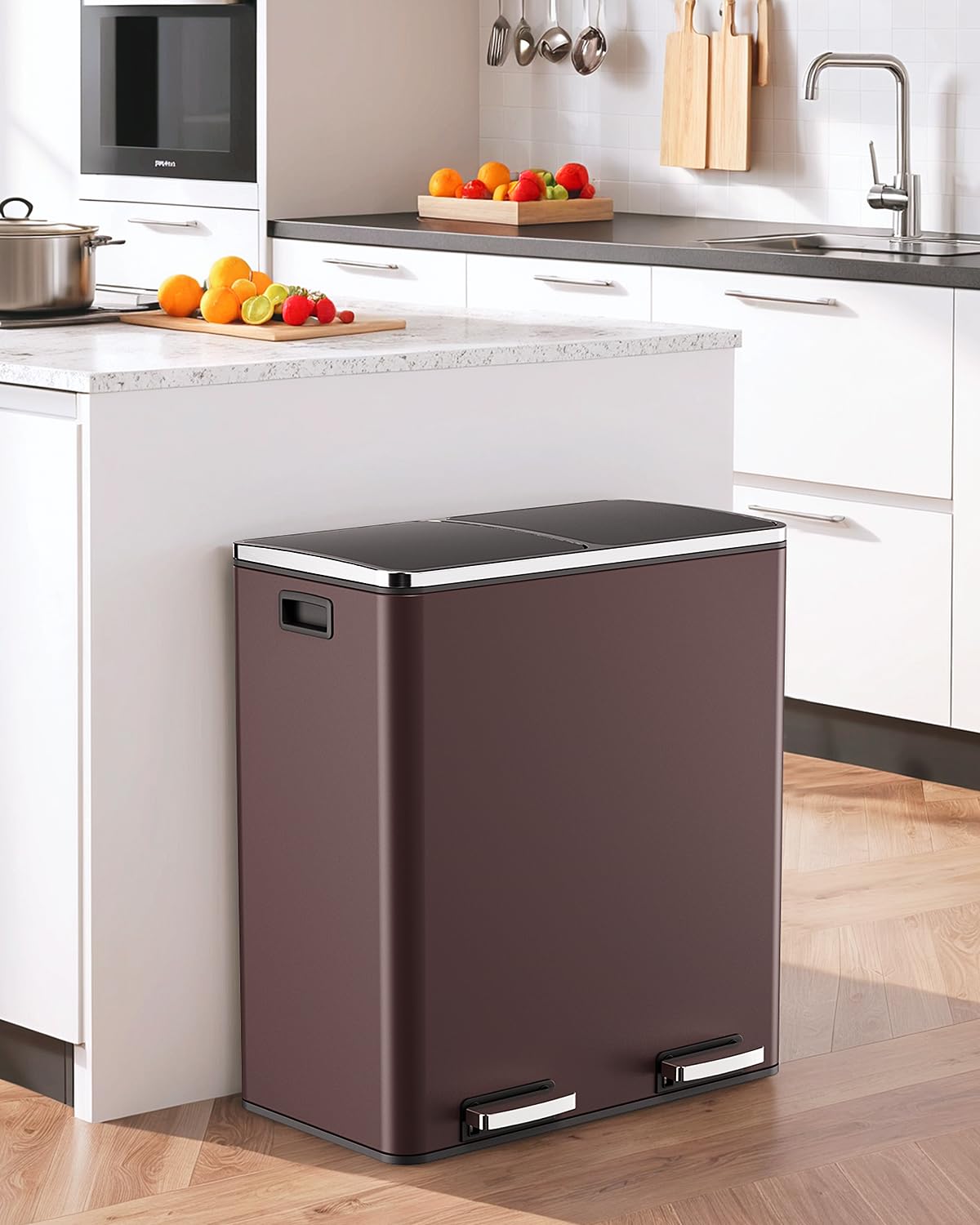60L(16 Gal) Dual Trash Can, Stainless Steel Kitchen Garbage Can, Double Compartment Classified Rubbish Bin, Recycle Dustbin w/Plastic Inner Buckets, Handle, Soft-Close Lid, Airtight, Brown