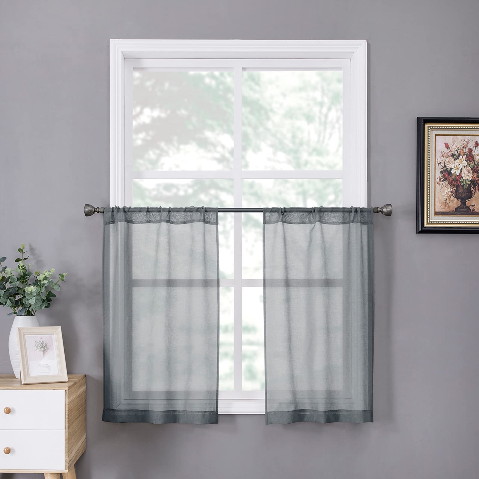 Short Sheer Tier Curtains Linen Textured Half Kitchen Curtain Sheers Light Filtering Rod Pocket Voile Small Curtain for Bathroom