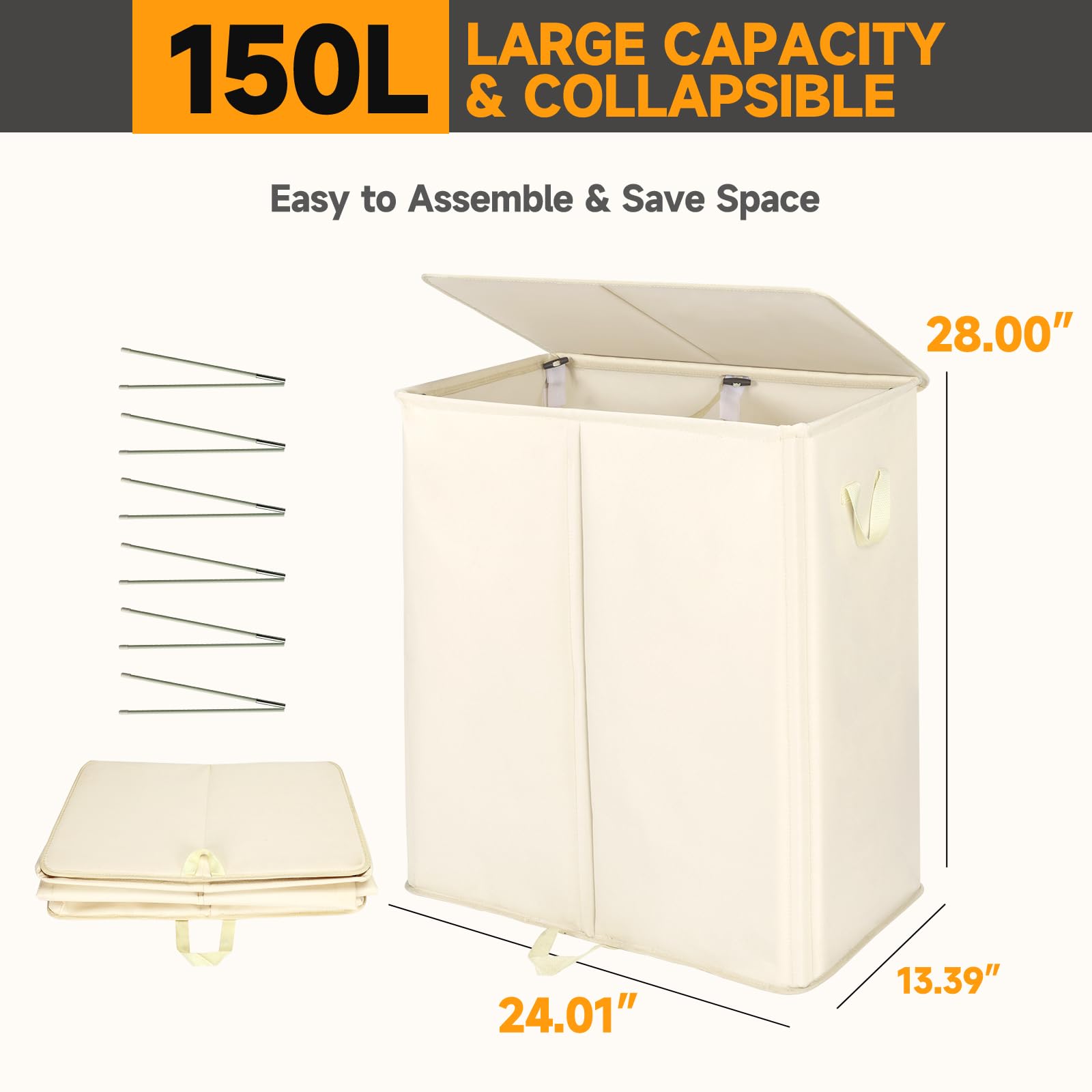 150L Double Laundry Hamper with Lid and Removable Bags