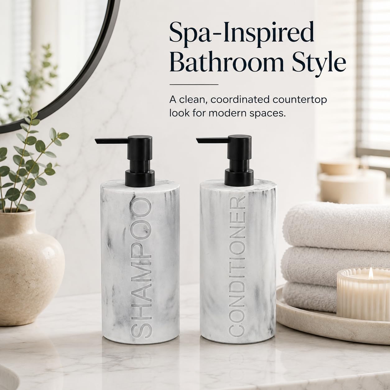 Marble Resin 2 Piece Shampoo and Conditioner Dispenser Set
