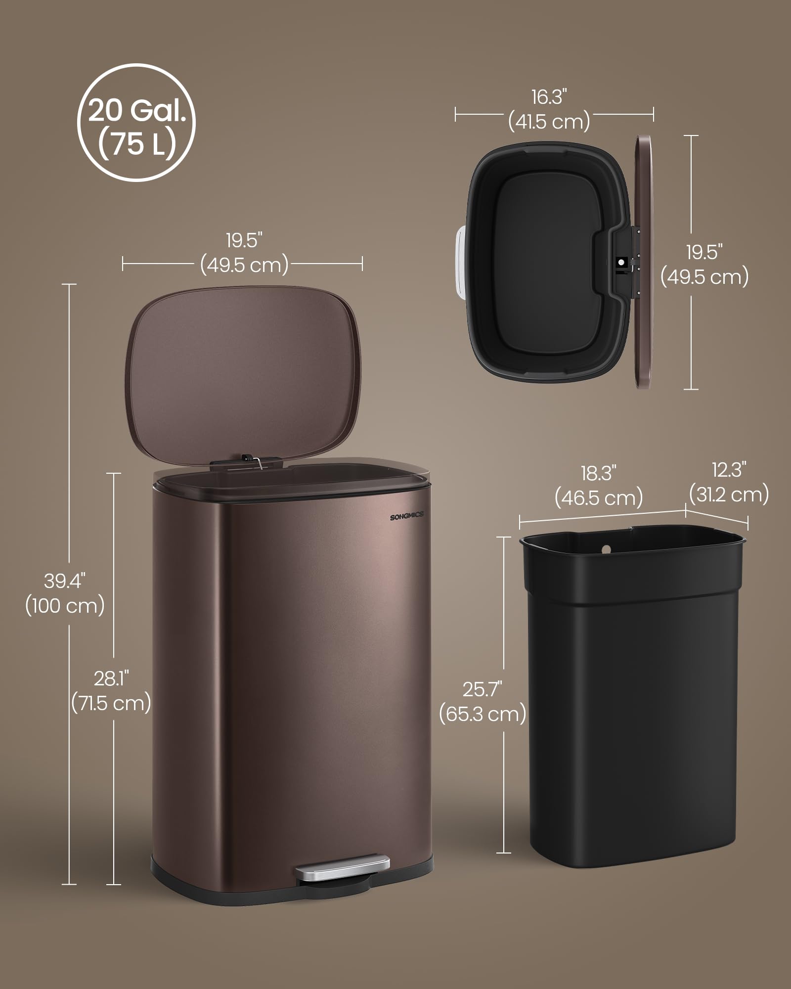 20-Gallon (75 L) Trash Can, Stainless Steel Kitchen Garbage Can, Recycling or Waste Bin, Soft Close, Step-On Pedal, Removable Inner Bucket, Brown ULTB075MZ01
