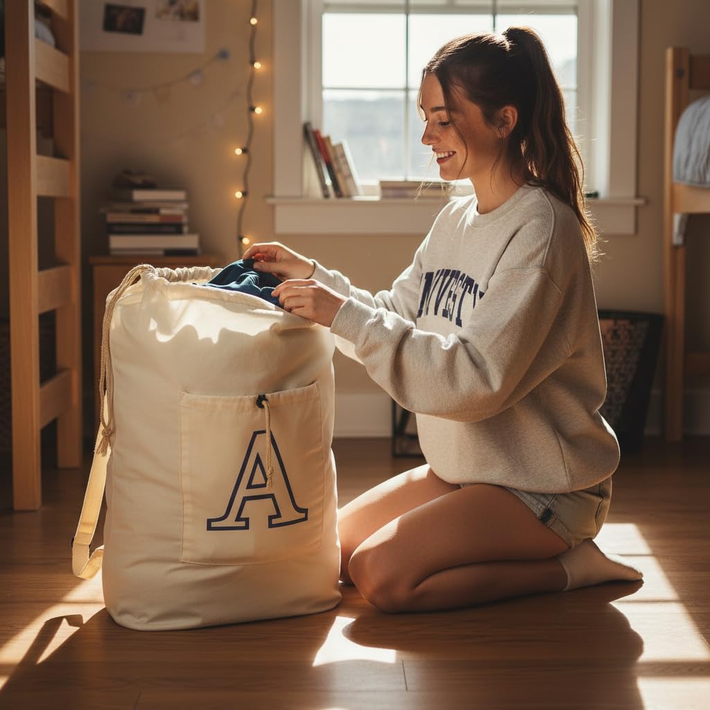 Laundry Bag Backpack Personalized Initial Design Canvas Laundry Bag with Straps & Drawstring Closure Dirty Cloth Hamper Bag for College
