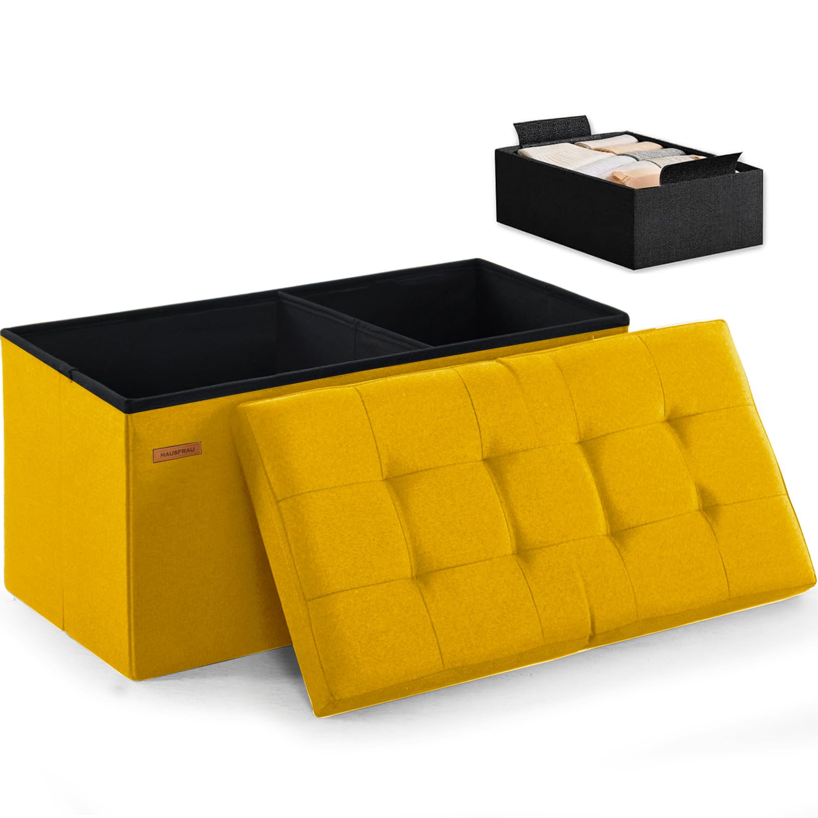 Ottoman with Storage Bench Folding Foot Rest Stool Linen Yellow