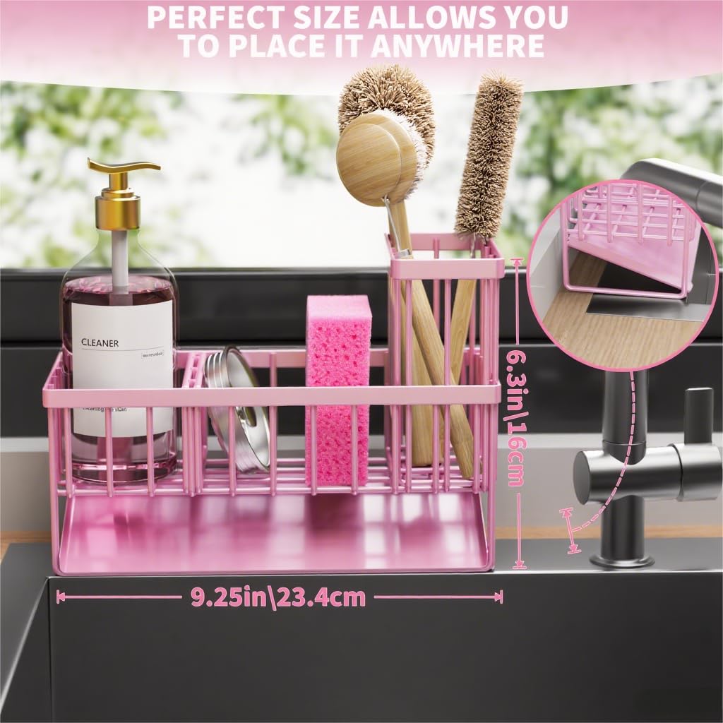 Pink Kitchen Sink Caddy Organzier with High Brush Holder