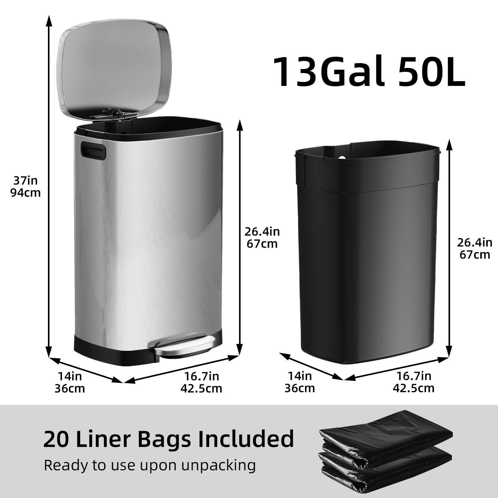 13 Gallon 50L Stainless Steel Kitchen Trash Can with Lid and Step Pedal