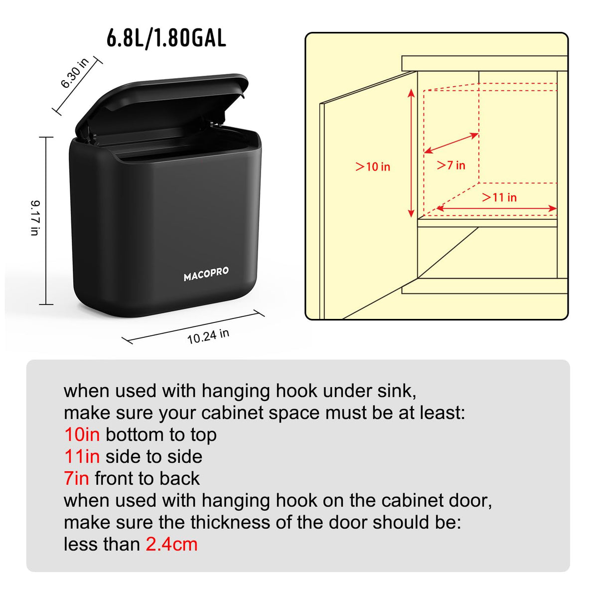Compost Bin Hanging Trash Can with Lid Under Sink for Kitchen (337.92 Fl Oz)