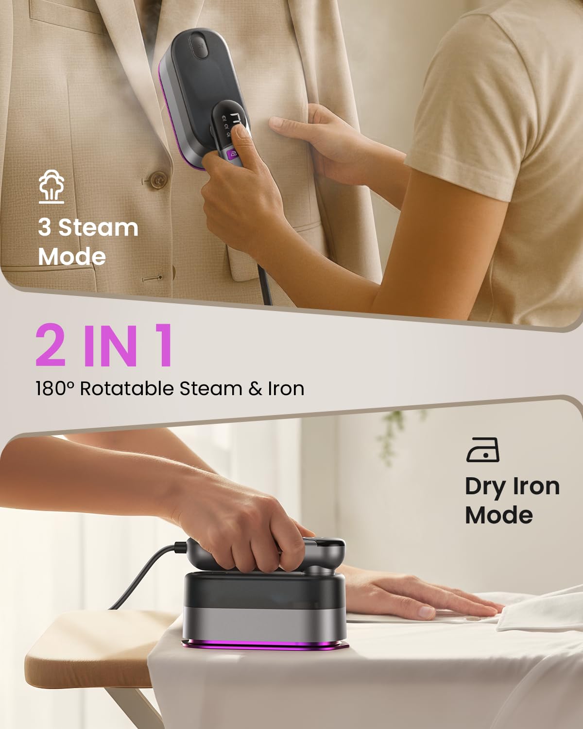 2-in-1 Handheld Steamer and Iron for Clothes, 1000W, 9s Fast Heat-Up