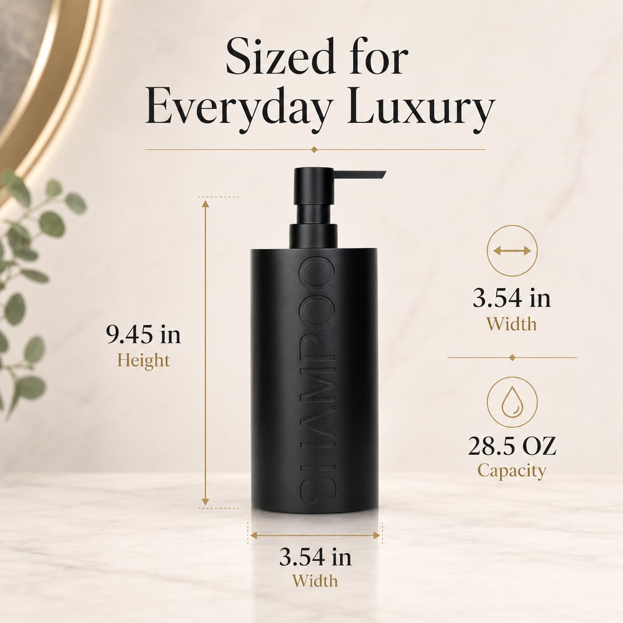 Matte Black Shampoo Dispenser Modern Refillable Pump Bottle with Embossed Text