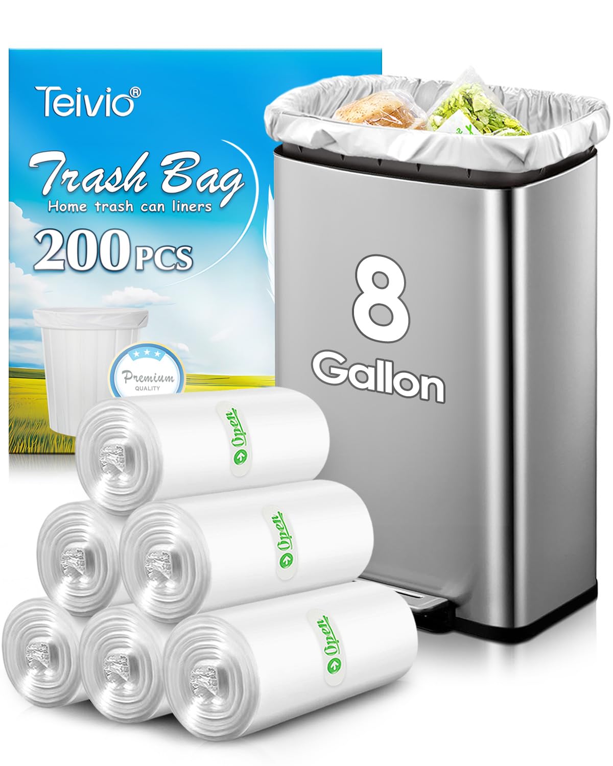 Medium Clear Trash Bags 8 Gallon 200 Count Kitchen Garbage Bags