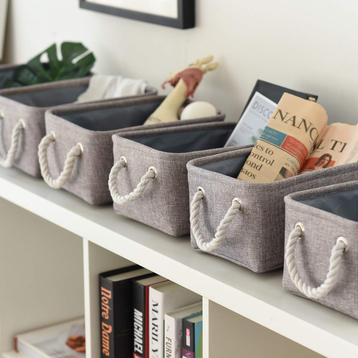 Foldable Small Storage Baskets with Strong Cotton Rope Handles [6 (6 Count)