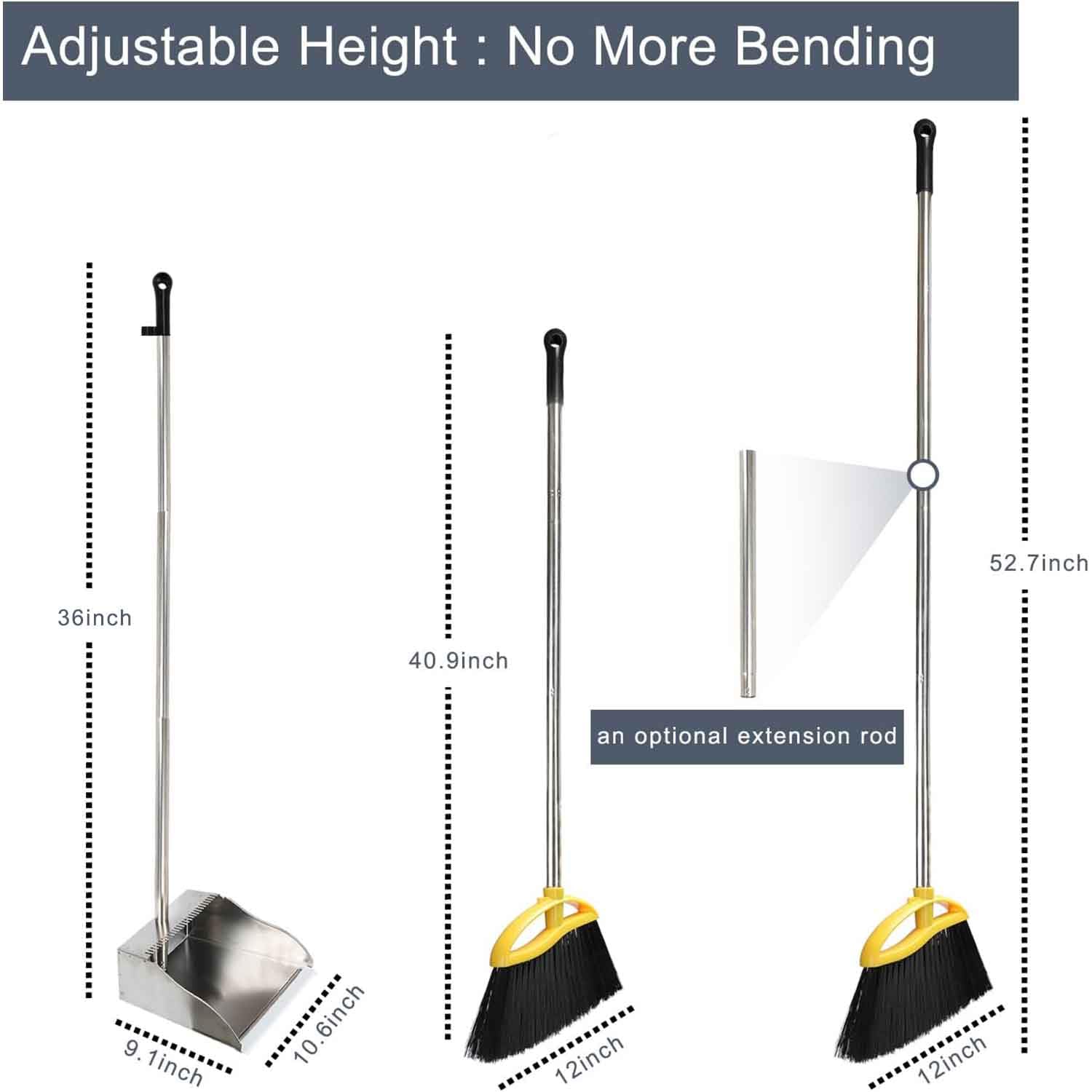 Broom and Stainless Steel Dustpan Set for Home
