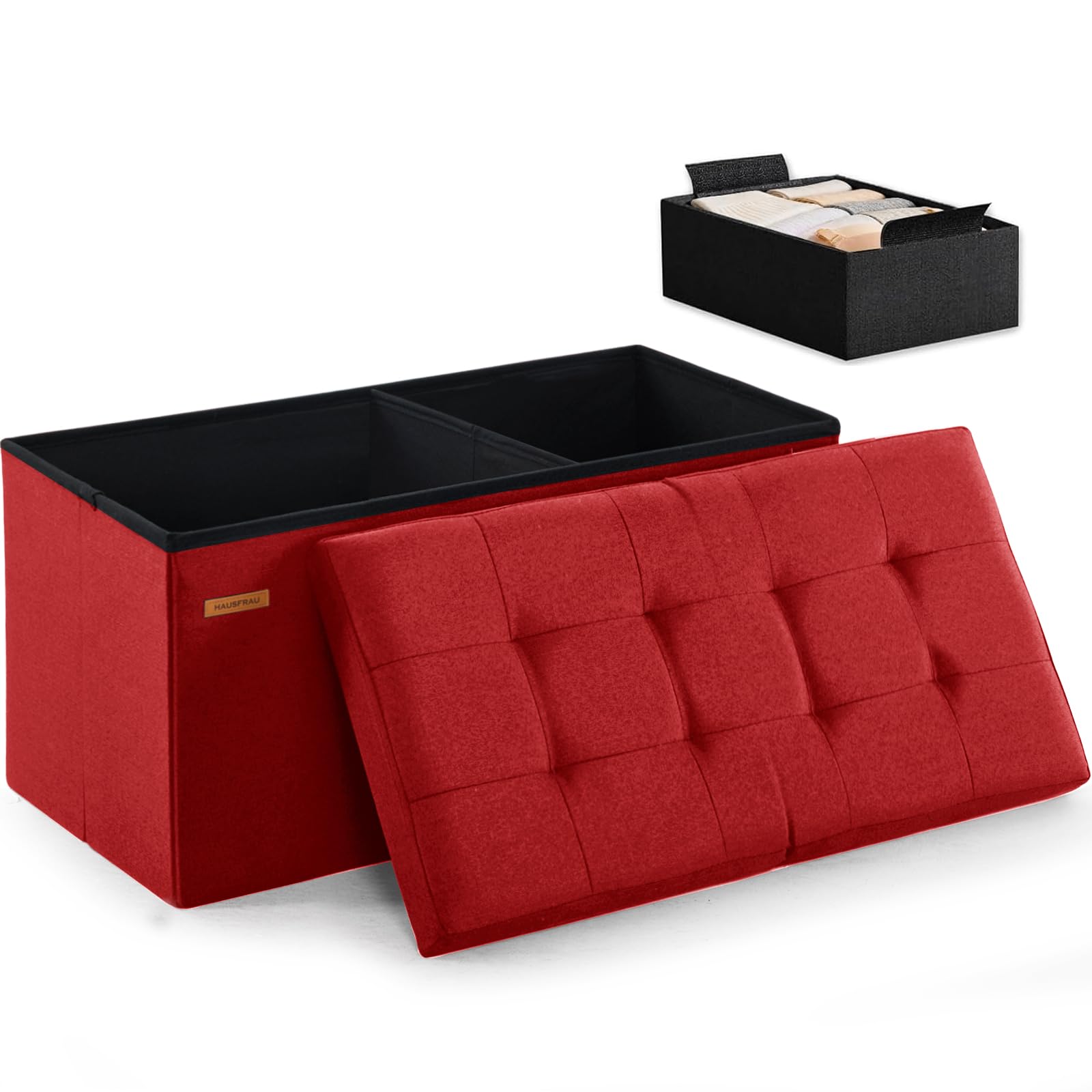 Ottoman with Storage Bench Folding Foot Rest Stool Linen Red