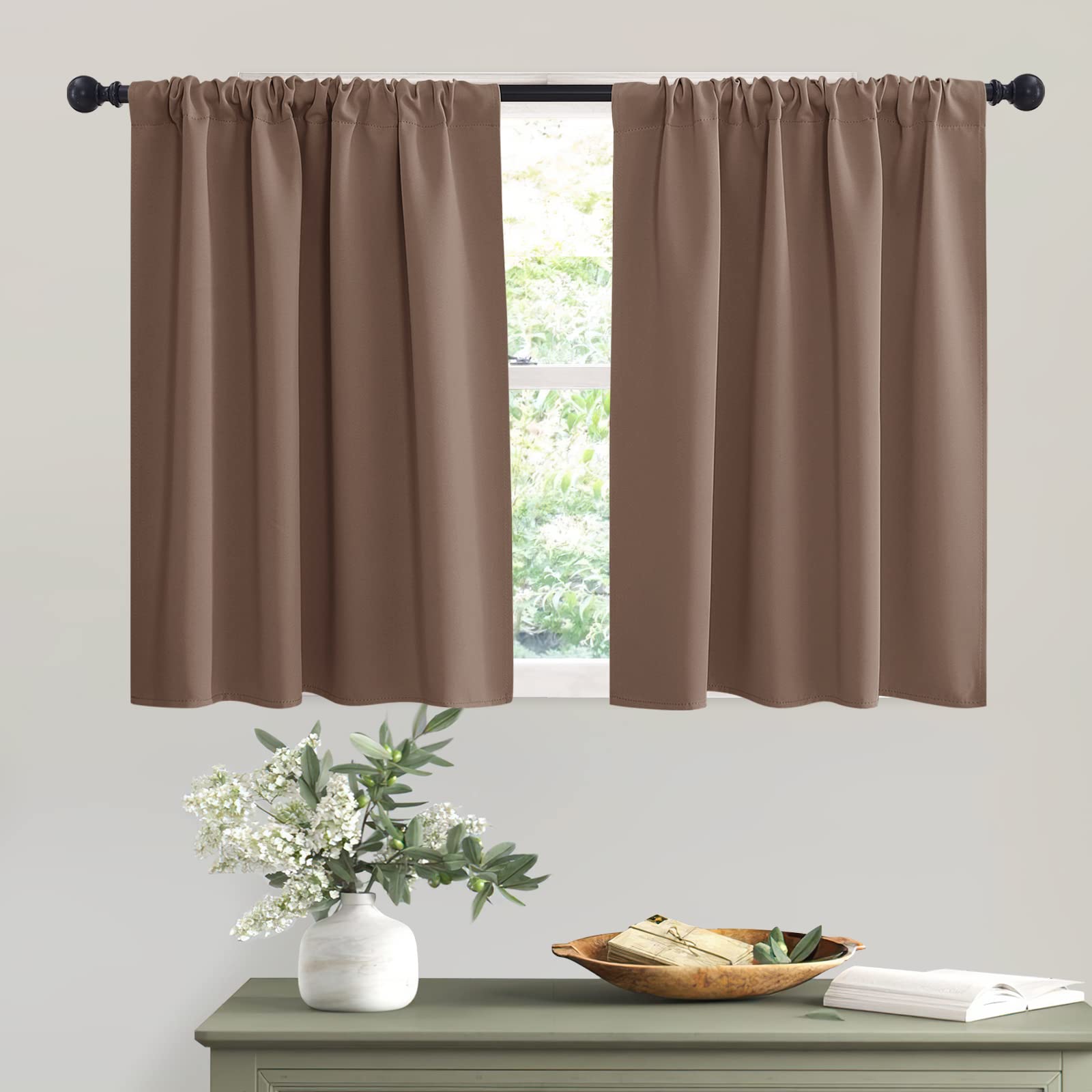 Short Mocha Blackout Curtains for Small Bedroom Window Kitchen