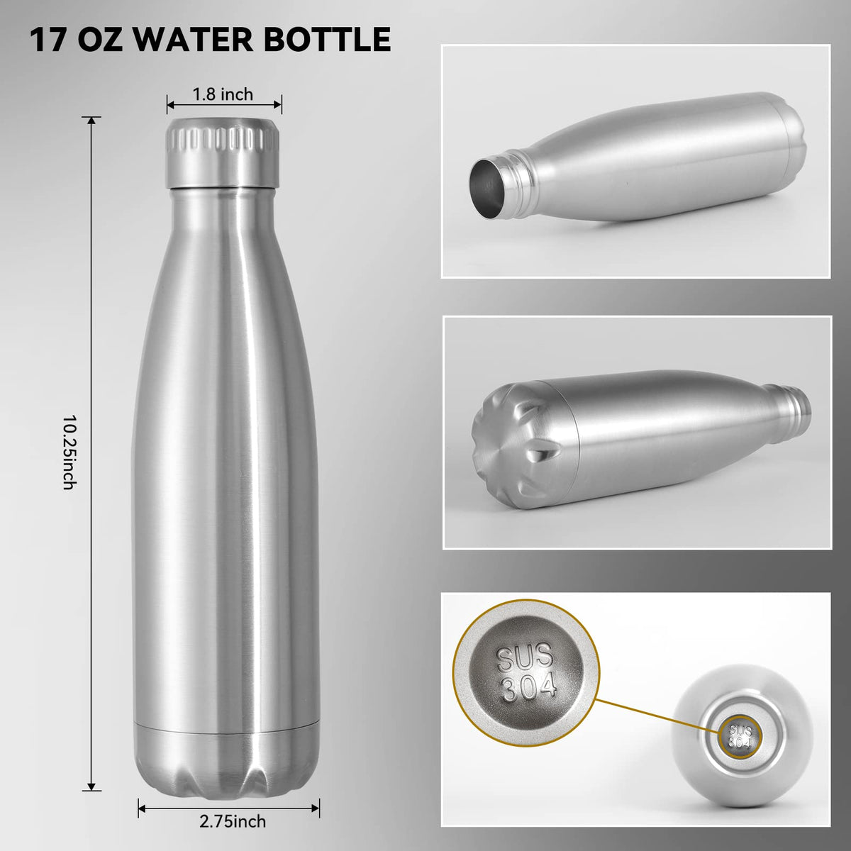 17oz Stainless Steel Water Bottles Bulk (8 Count)