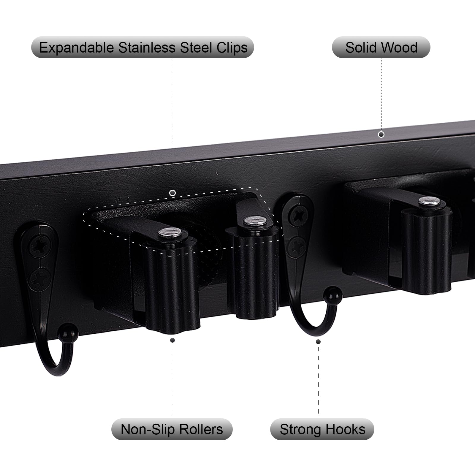 Broom Holder Wall Mount With 5 Slots & 4 Hooks