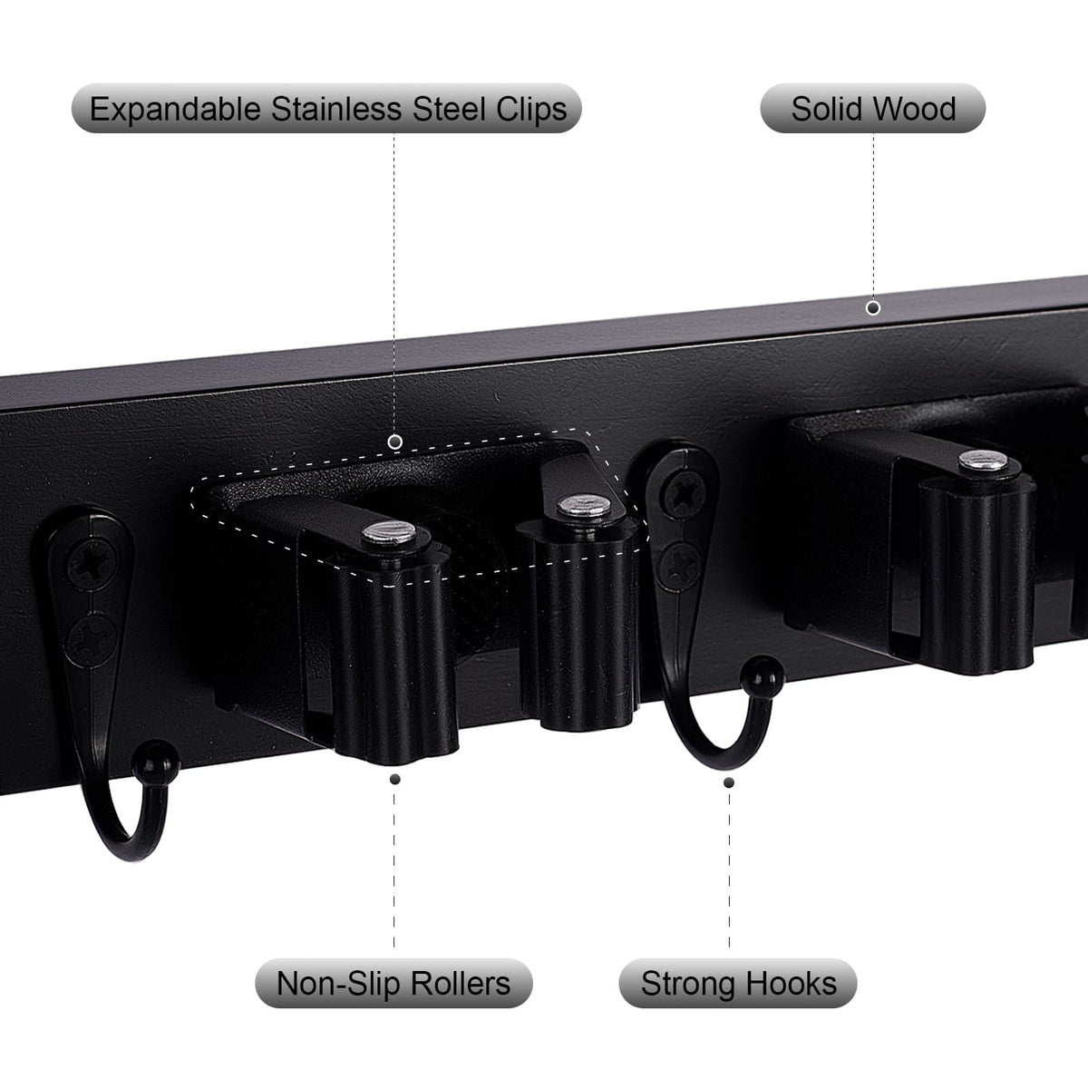 Broom Holder Wall Mount With 5 Slots & 4 Hooks