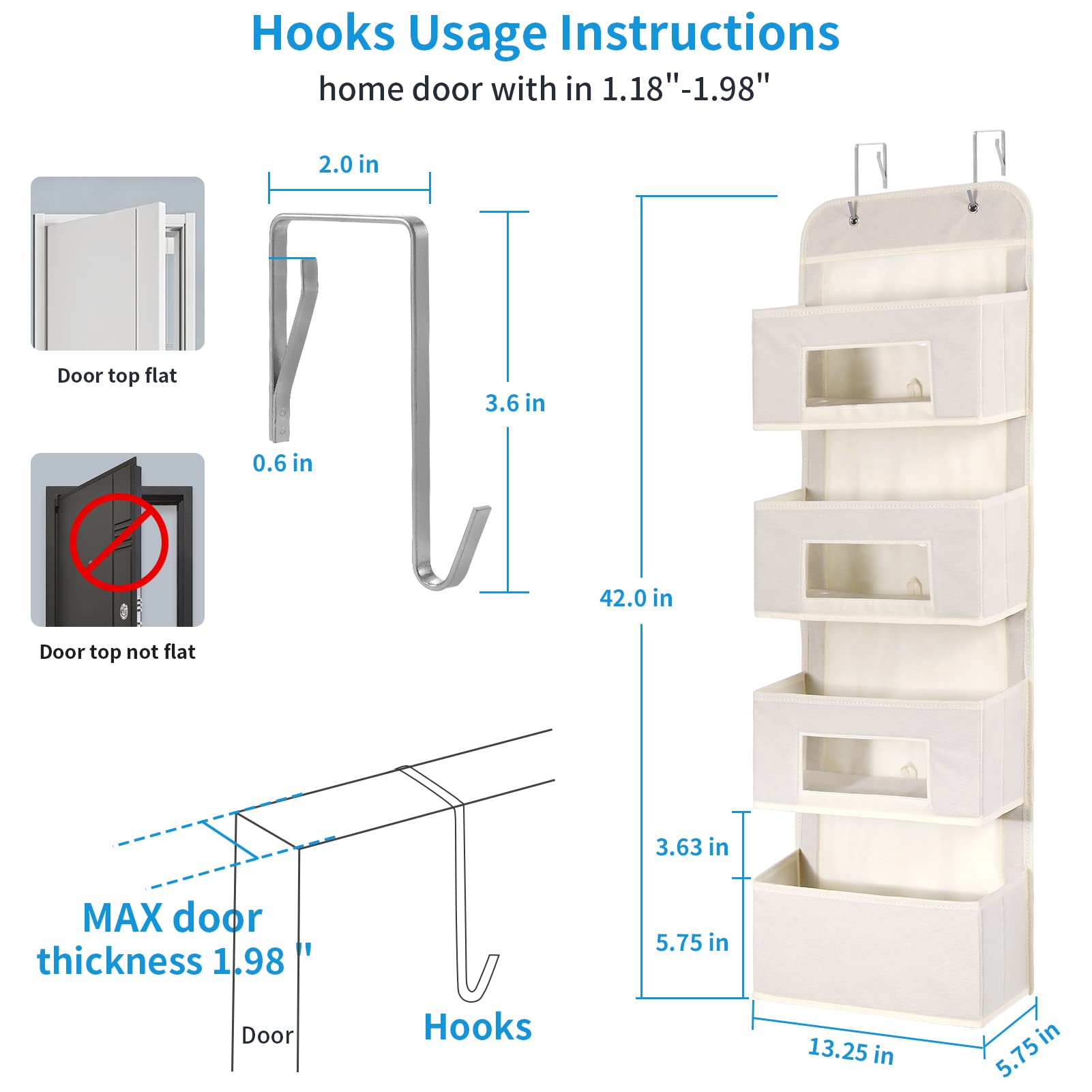4 Shelf Over The Door Hanging Organizer with 2 Metal Hooks