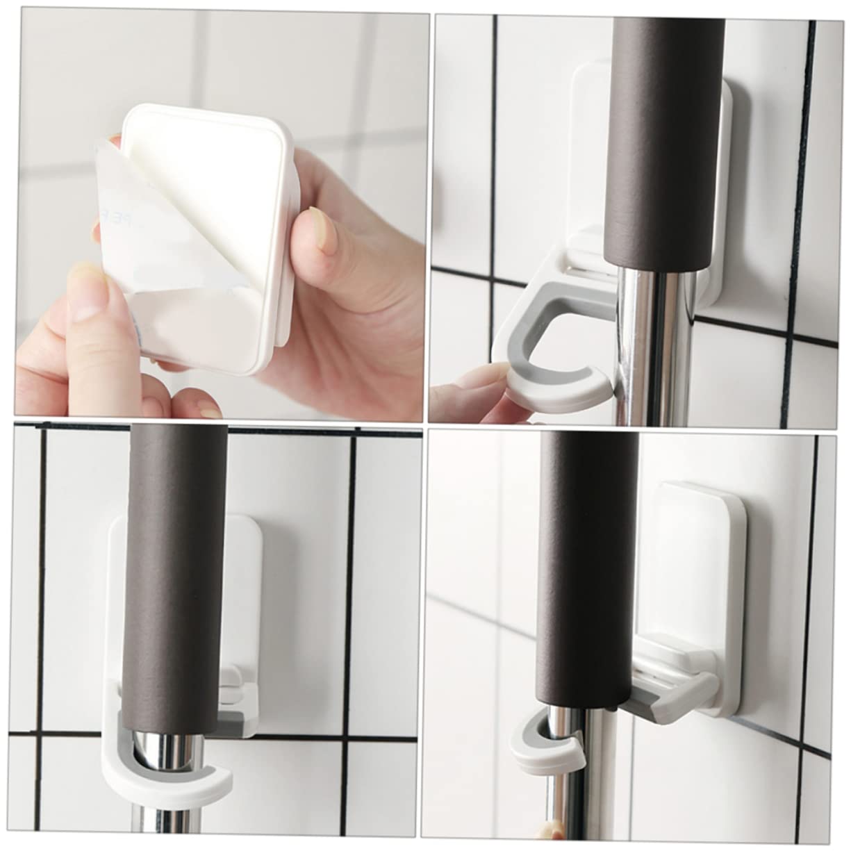3pcs Punch Wall Mounted Mop Holder Clips Heavy Duty Adhesive Broom and Umbrella Organizer for Kitchen Bathroom Laundry Hanging Hooks