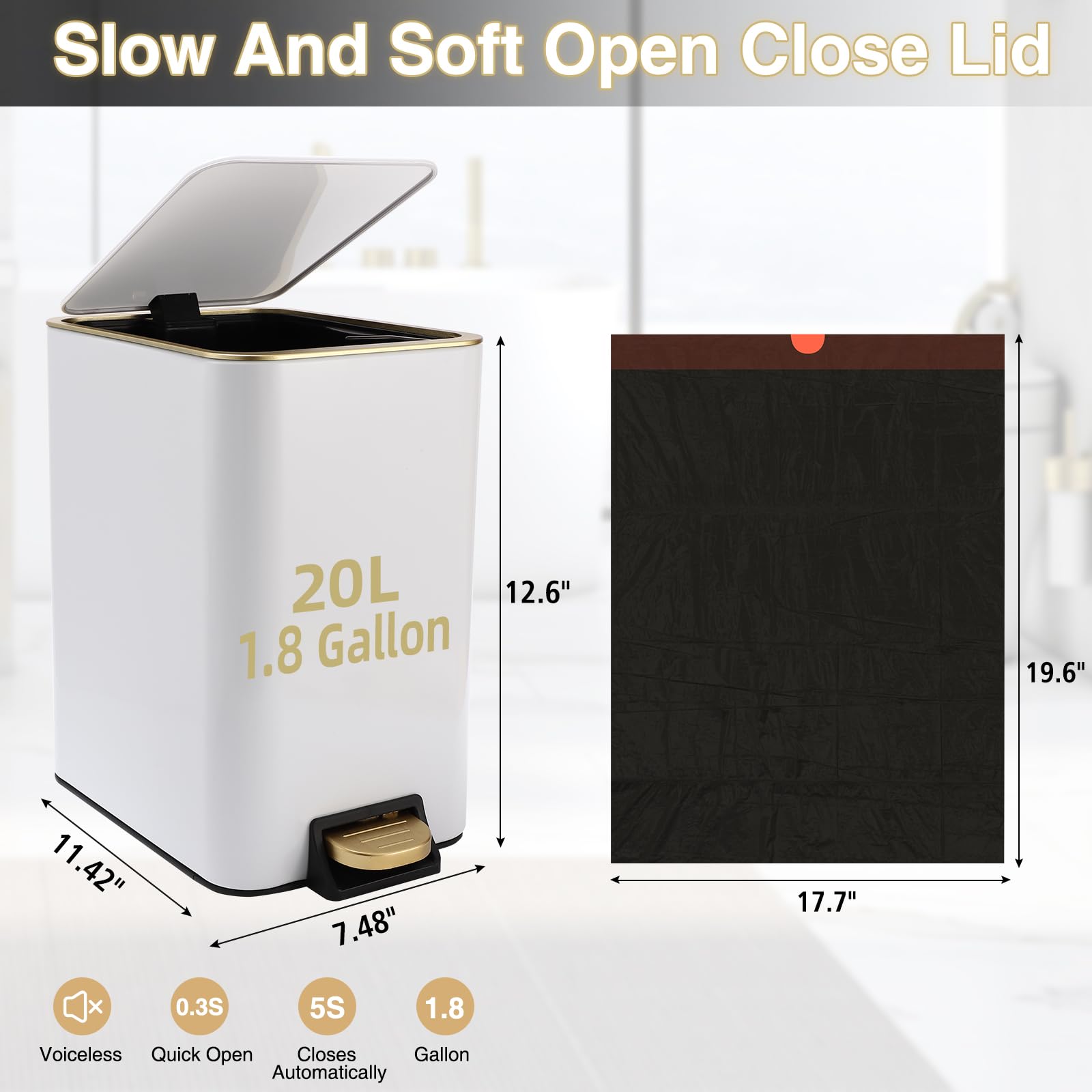 Small Bathroom Trash Can with Lid Soft Close (80 Count)