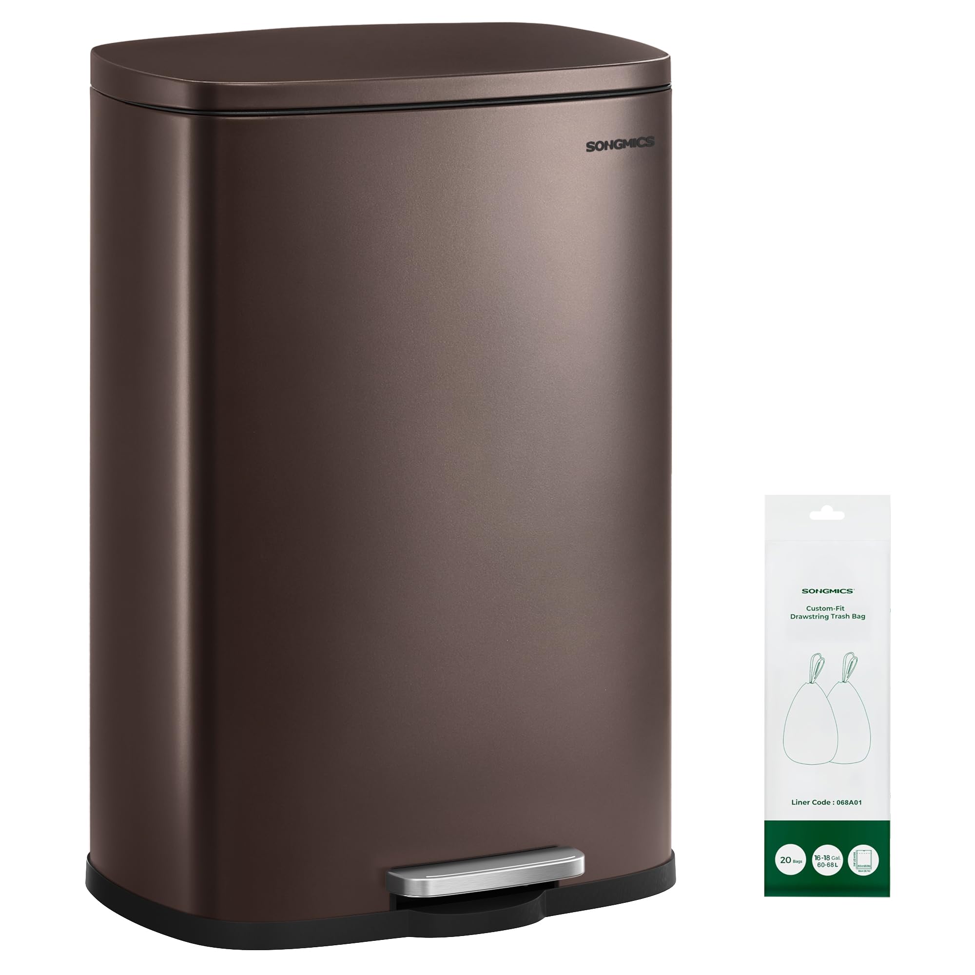 20-Gallon (75 L) Trash Can, Stainless Steel Kitchen Garbage Can, Recycling or Waste Bin, Soft Close, Step-On Pedal, Removable Inner Bucket, Brown ULTB075MZ01
