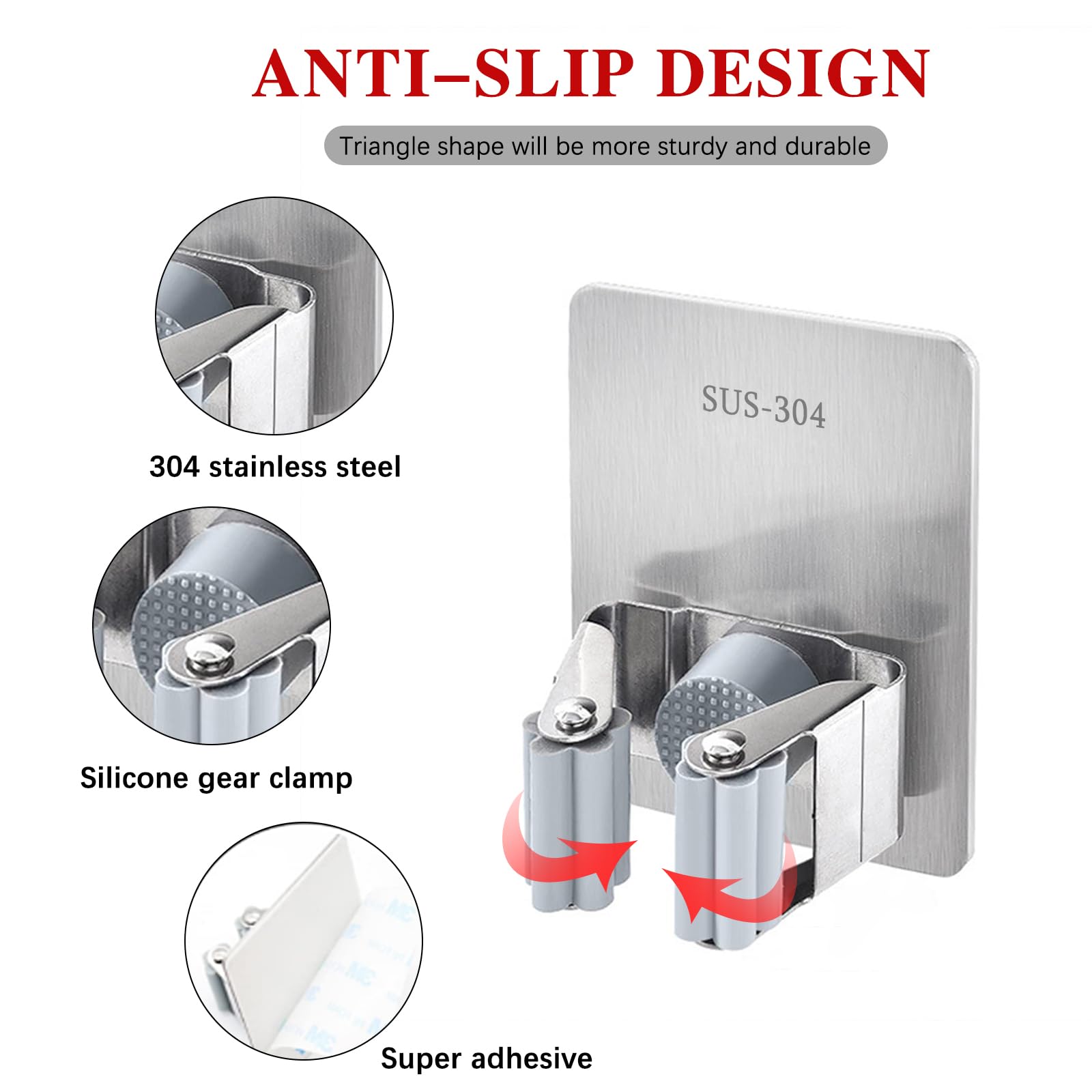 2PCS Broom Holder Wall Mount Self Adhesive Mop and Broom Holder Stainless Steel Broom Hanger Heavy Duty for Laundry Storage Bathroom Kitchen Garage (16 Ounce)