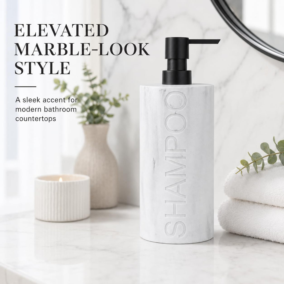 Resin White Marbled Shampoo Engraved Bottle Refillable Pump Dispenser
