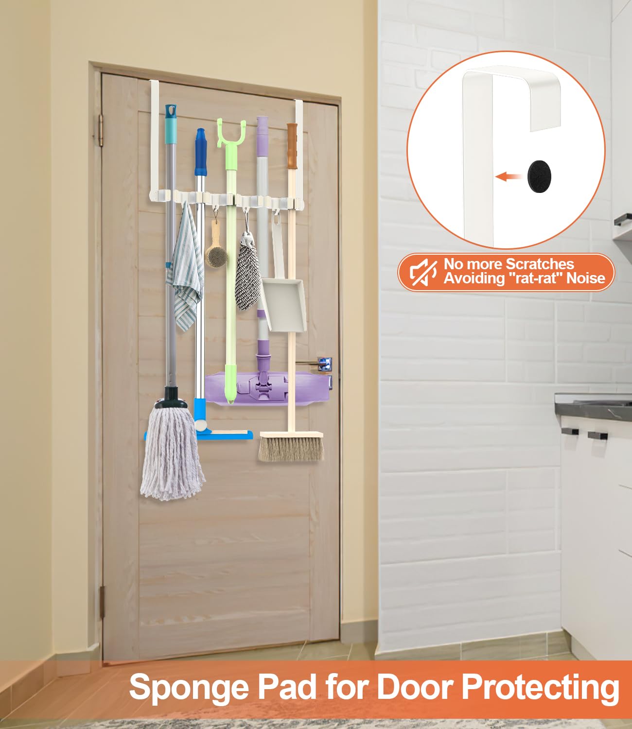 Broom Holder Over The Door with 4 Over Door Hook