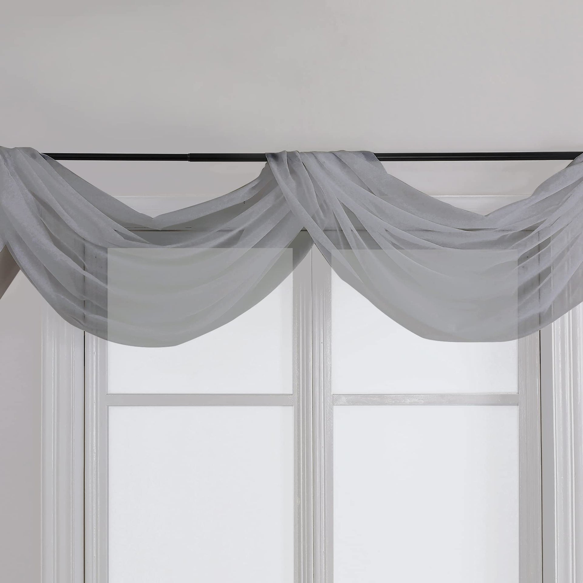 Charcoal Grey Sheer Scarf Valances for Windows 216 Inch Extra Long (2 Count)