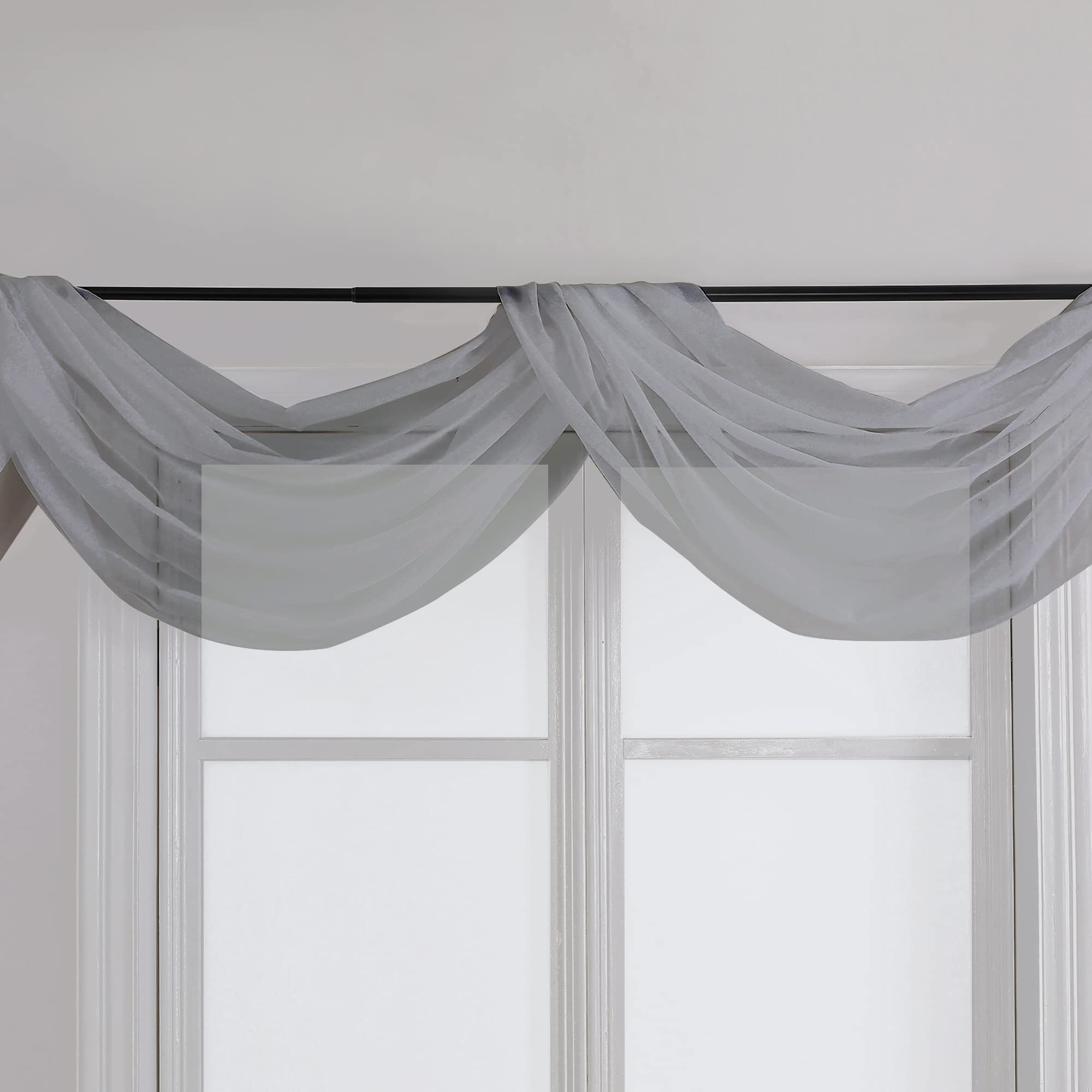 Charcoal Grey Sheer Scarf Valances for Windows 216 Inch Extra Long (2 Count)