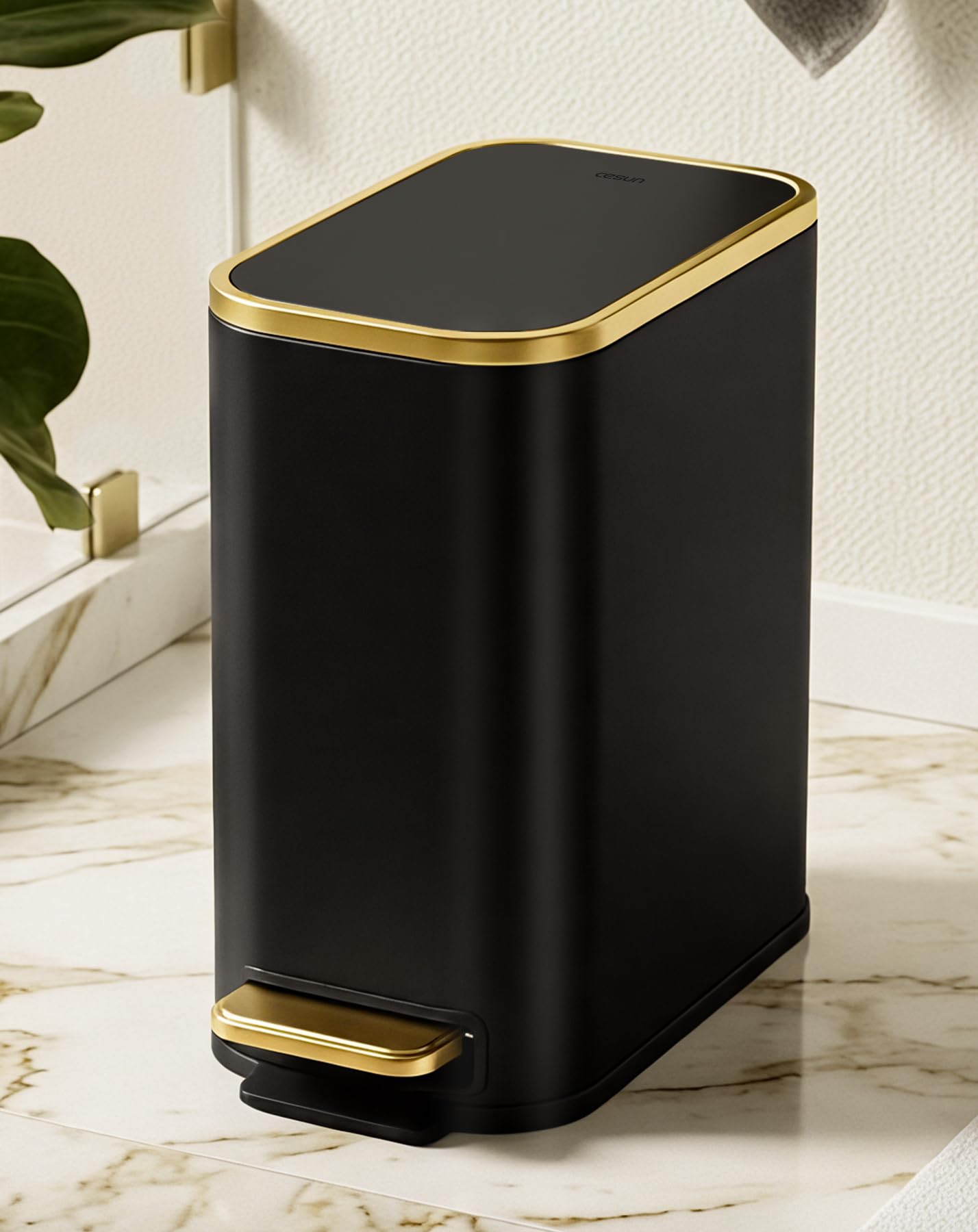 Small Bathroom Trash Can with Gold Grimmed Lid & Pedal
