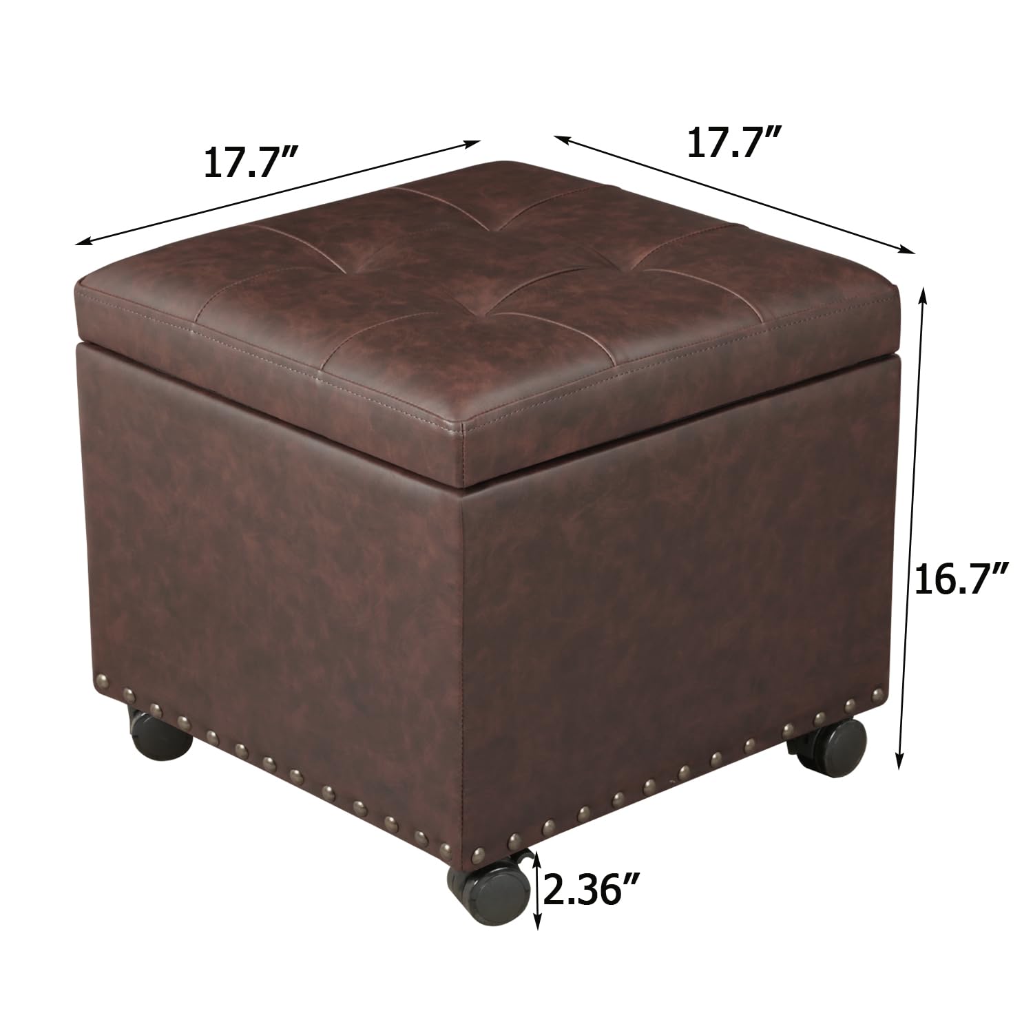 16.7" H Brown Leather Storage Ottoman with 360 Caster Wheels